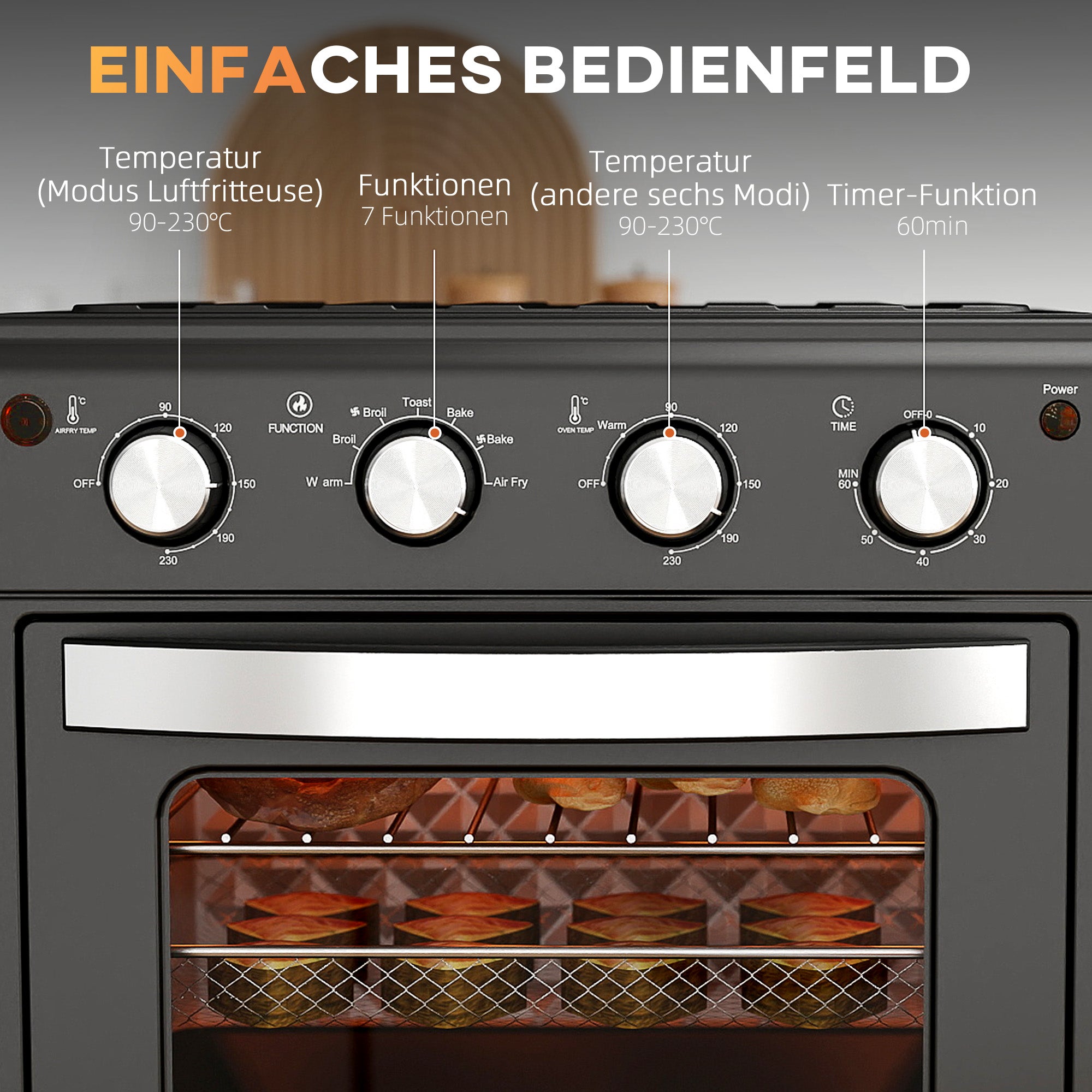 HOMCOM Minibackofen, Heißluftfritteuse, 90-230° C, 7 Programme, Zubehör, Schwarz