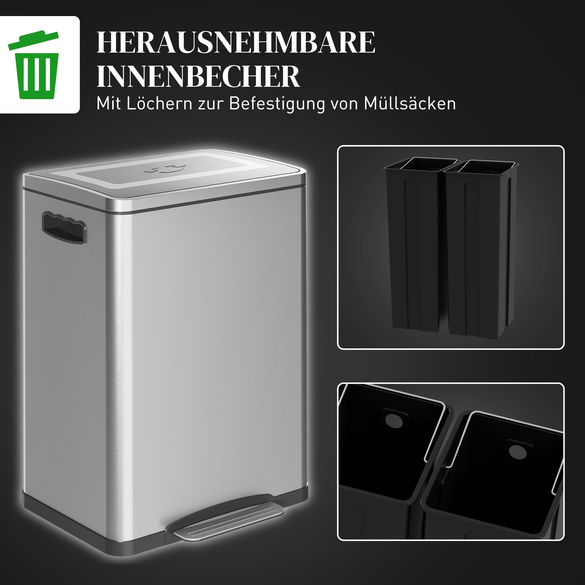HOMCOM Mülleimer, Abfalleimer mit Deckel und Fußpedal, Edelstahl, 2x 20 Liter-Fächer, Silber
