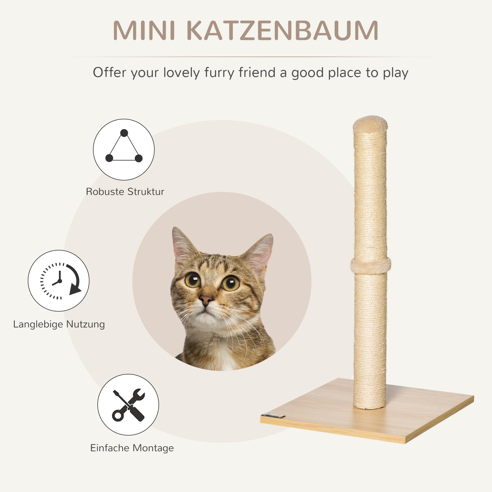 PawHut Kratzstamm für Katzen Kratzsäule aus Sisal stabiler Kratzbaum Kratz Spielzeug Katze mit Ball 60 cm Spanplatte Sisal Beige+Eiche 34 x 34 x 60 cm