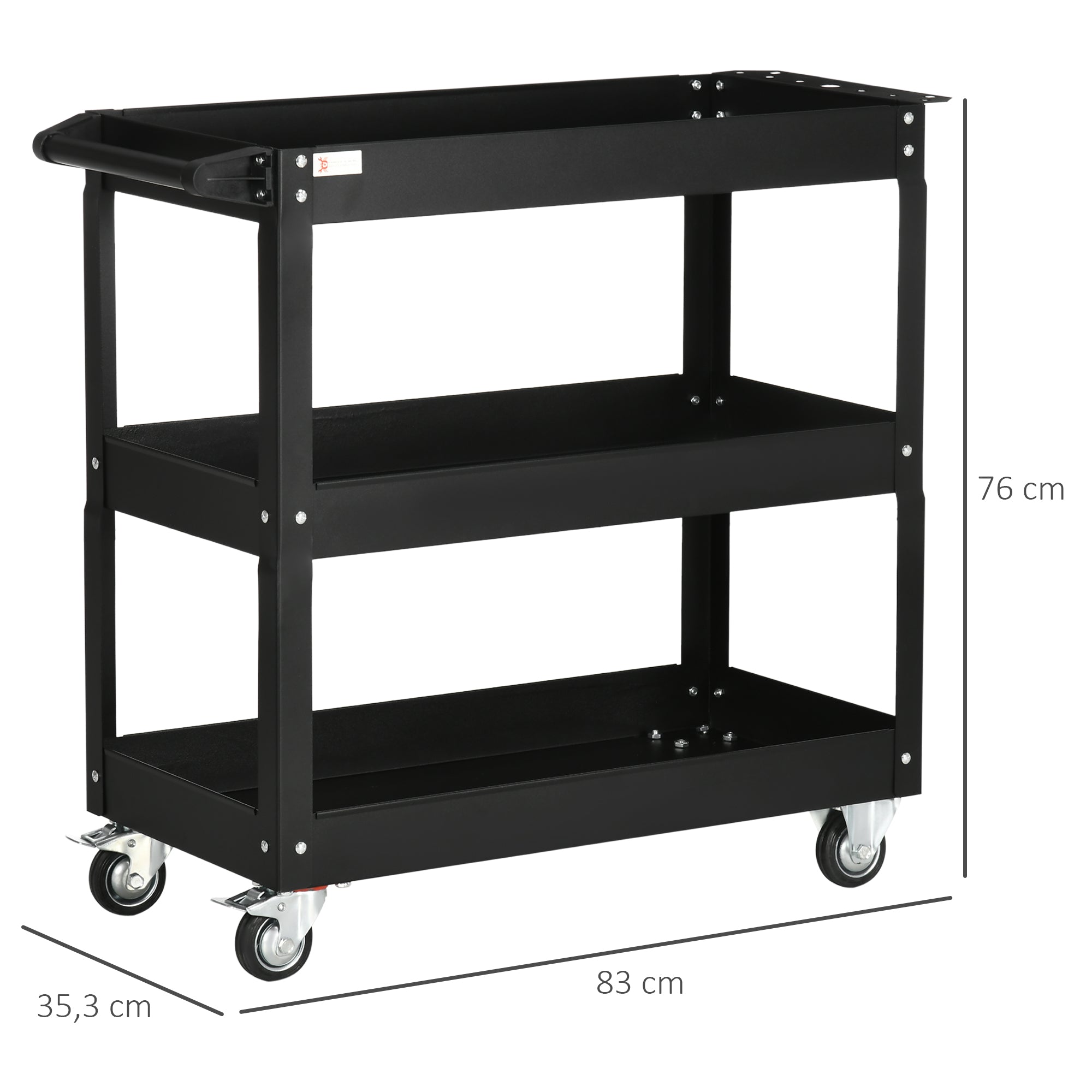 DURHAND 3-stufiger Werkzeugwagen, 4 Rollen, Stahl, 83B x 35,3T x 76H cm, Schwarz