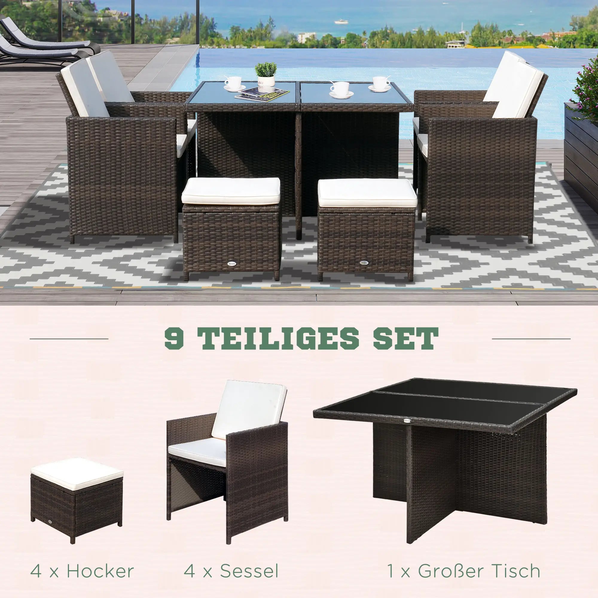 Outsunny Polyrattan Gartenmöbel Sitzgruppe 21-tlg. platzsparend Alu