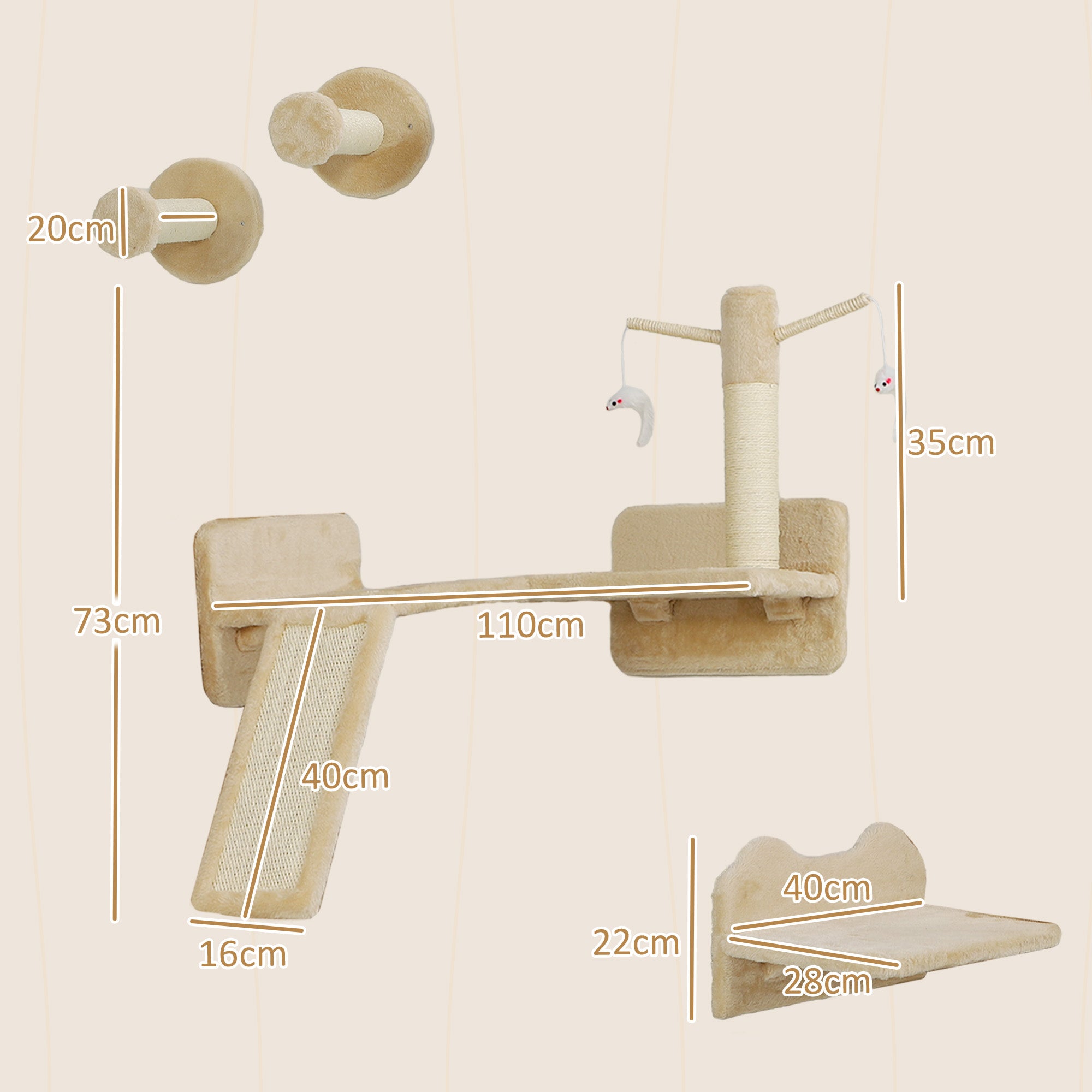 PawHut Katzen Kletterwand Set mit Kratzpfosten, Sprungplattformen und Spielbällen, zum Klettern und Ausruhen, Beige