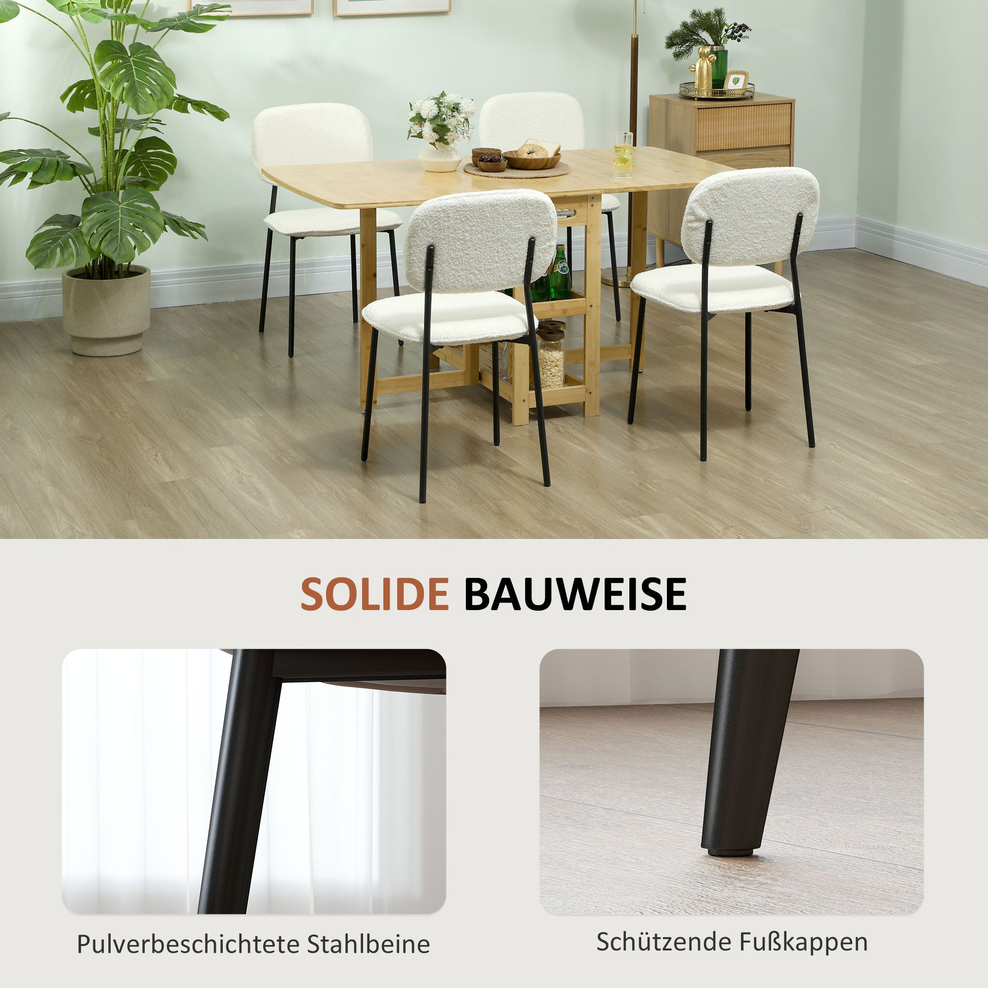 HOMCOM 4er-Set Esszimmerstühle, weicher Stoffbezug, Stahlbeine, armloses Design, Weiß