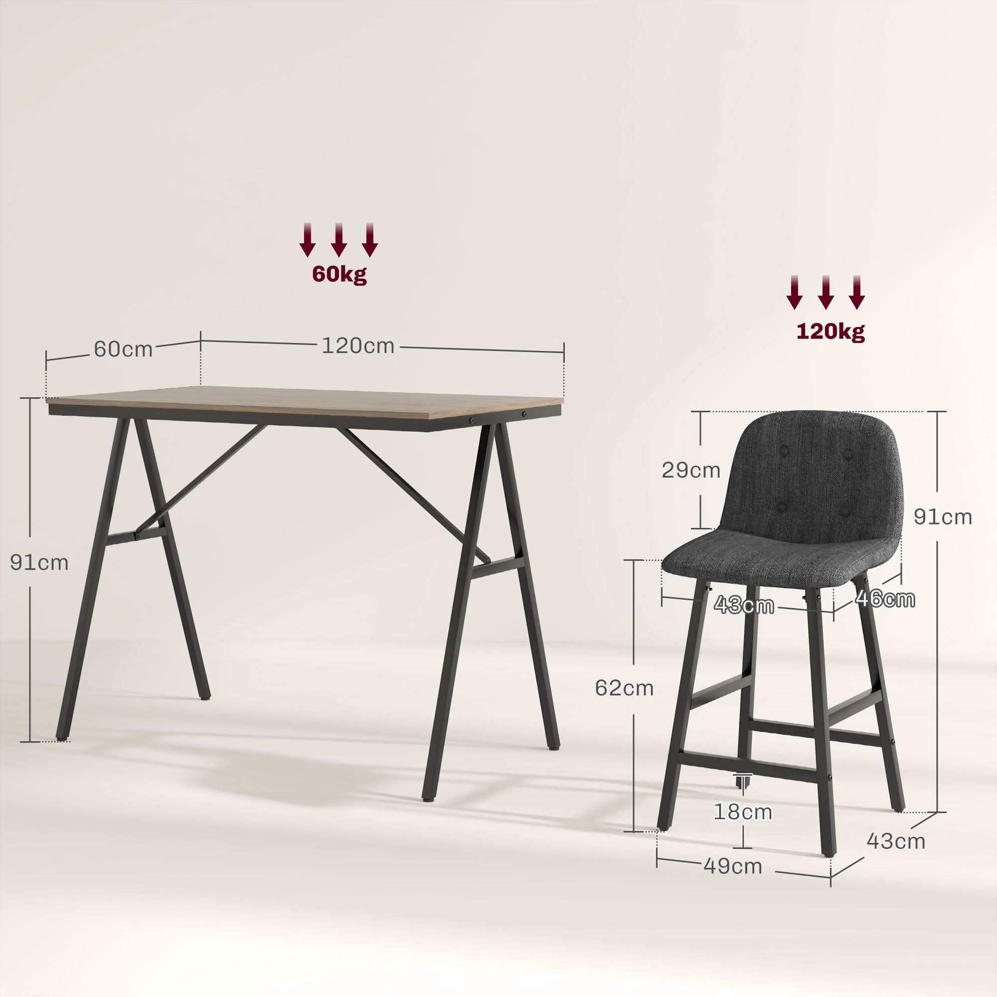HOMCOM Bargarnitur 5-teilig, Tisch und 4 Stühle, Knopfheftung, dicke Polsterung, Leinenoptik, Dunkelgrau