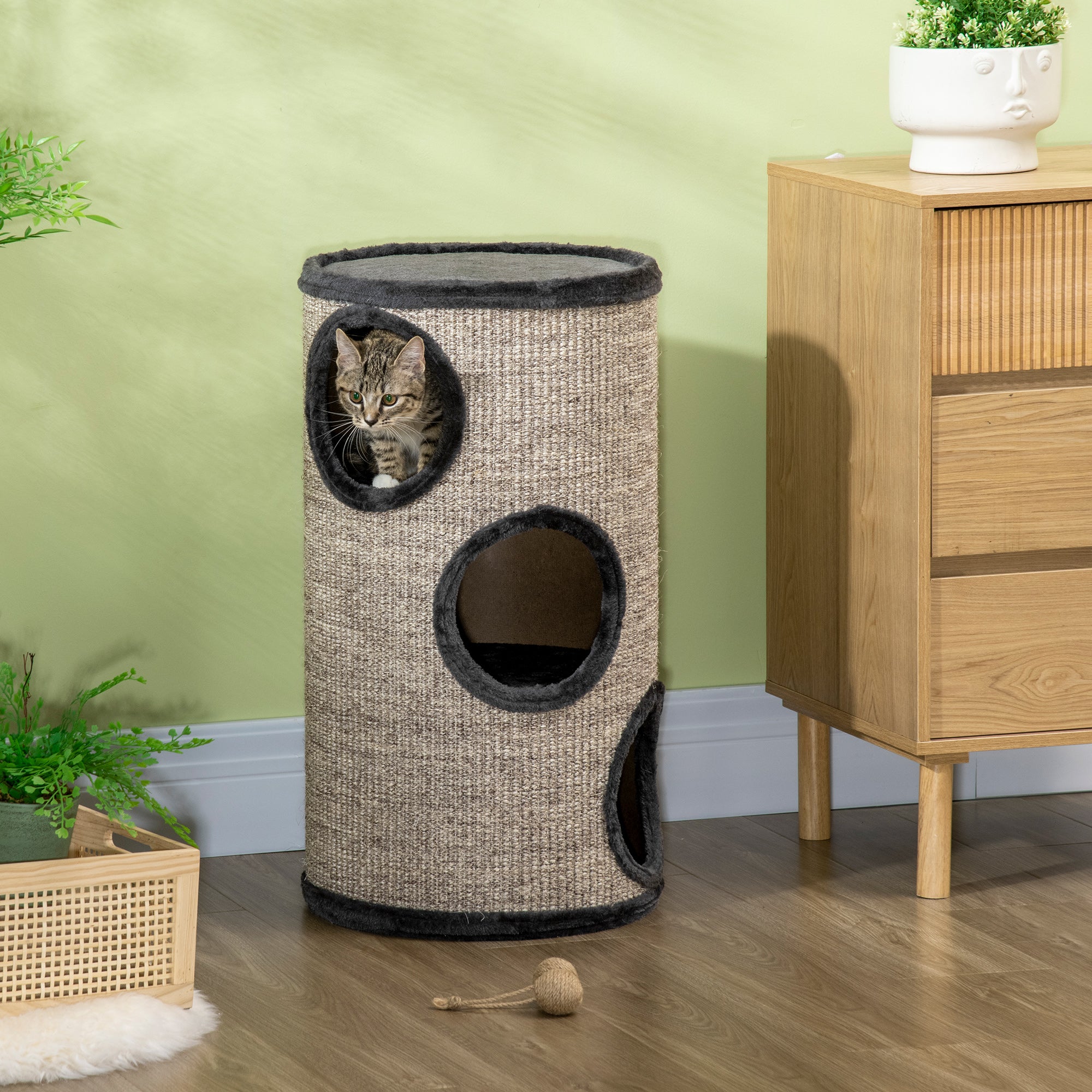 PawHut Kratztonne Katzenbaum 3 Ebenen Sisal Kratzmatte