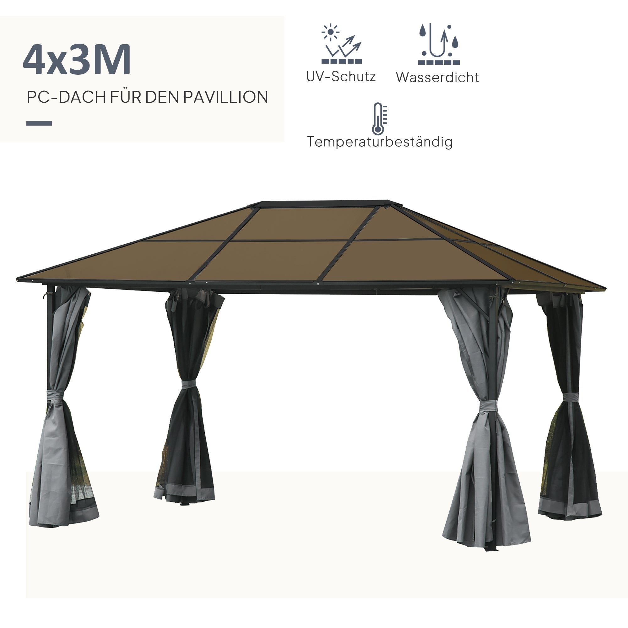 Outsunny Pavillon mit Polycarbonatdach, Vorhänge mit Fliegennetz, Alugestell, dunkelgrau, 3 x 4 x 2,6 m