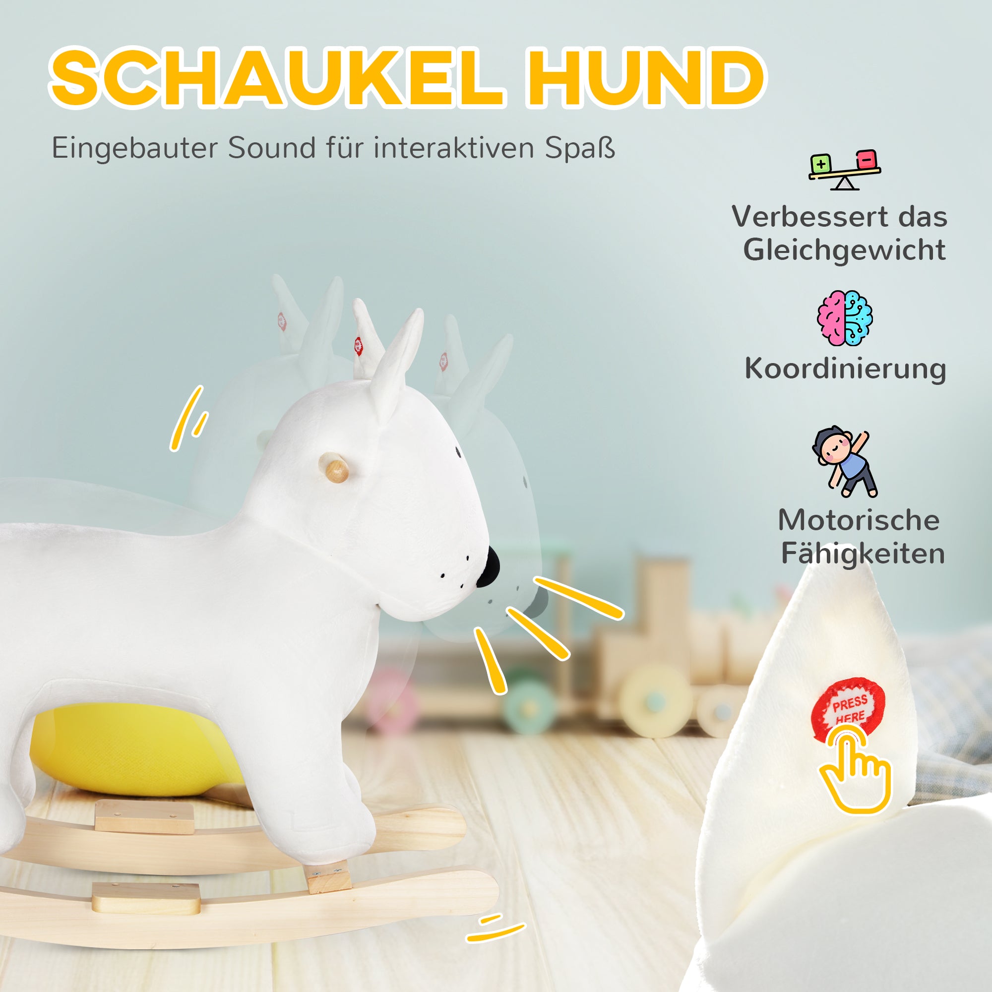 AIYAPLAY Schaukelpferd in Hundeform mit Soundfunktion, aus Holz und Metall, mit Plüschbezug, 2-4 Jahre, Weiß