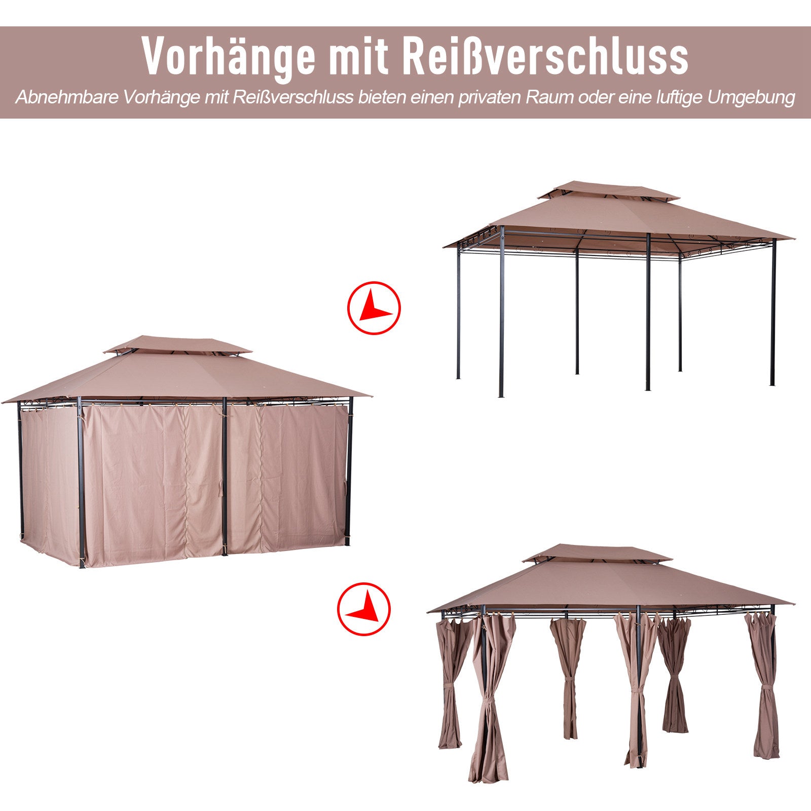 Outsunny Pavillon 3x4m Gartenpavillon mit 6 Seitenteilen Partyzelt Gartenzelt Festzelt mit Doppeldach Khaki