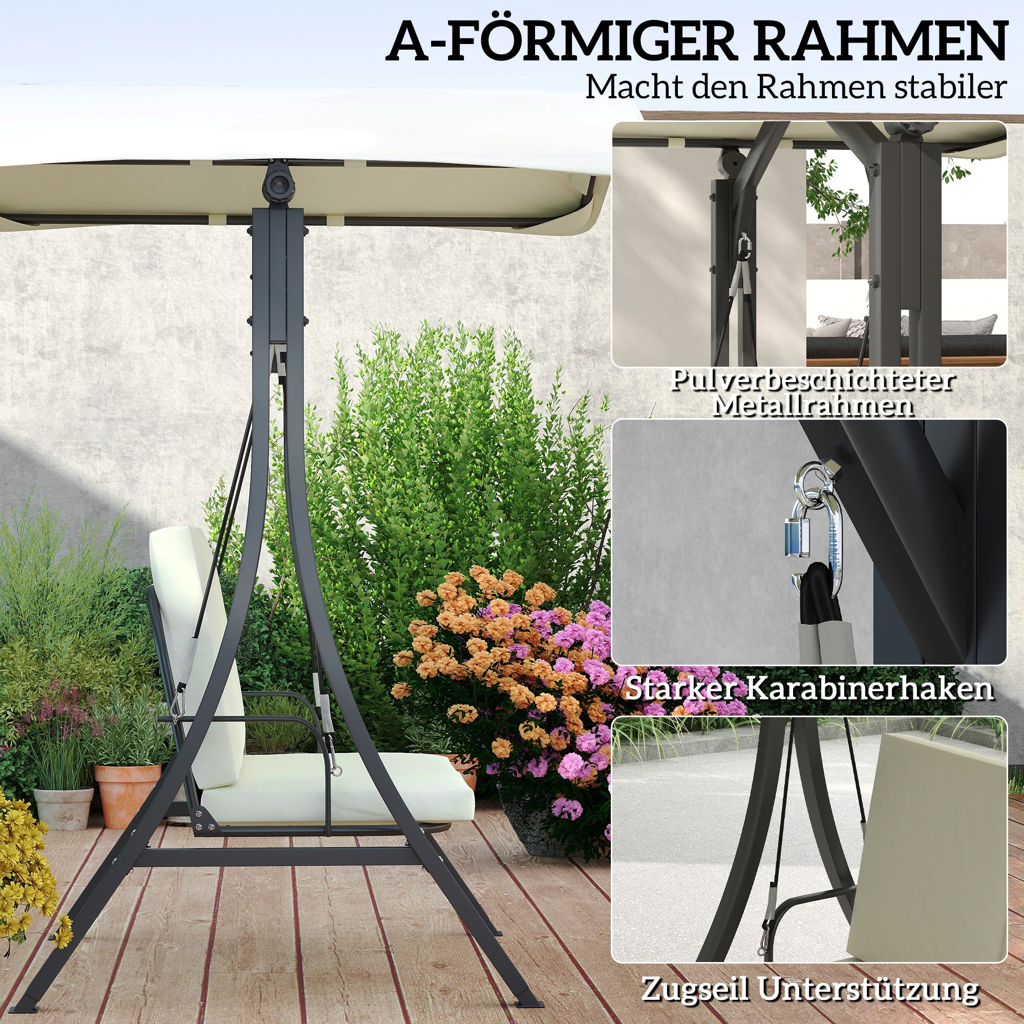 Outsunny Hollywoodschaukel mit verstellbarem Sonnendach Sitzauflage, 2-Sitzer bis 220kg 150x120x182cm, Cremeweiß