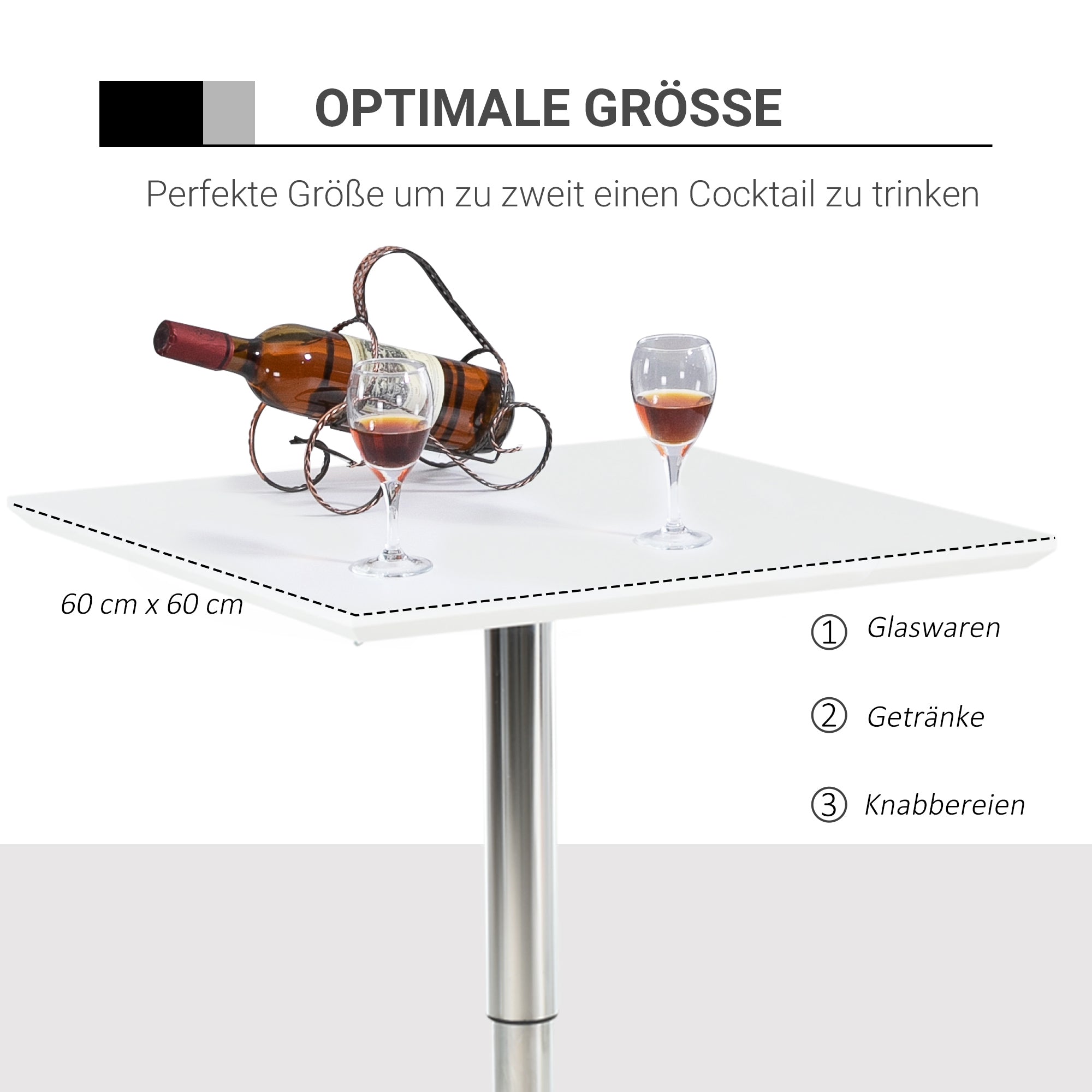 HOMCOM Bartisch Bistrotisch Pub Höhenverstellbarer Quadratischer Stehtisch Tisch Stahl Weiß 60 x 60 x 69-92 cm