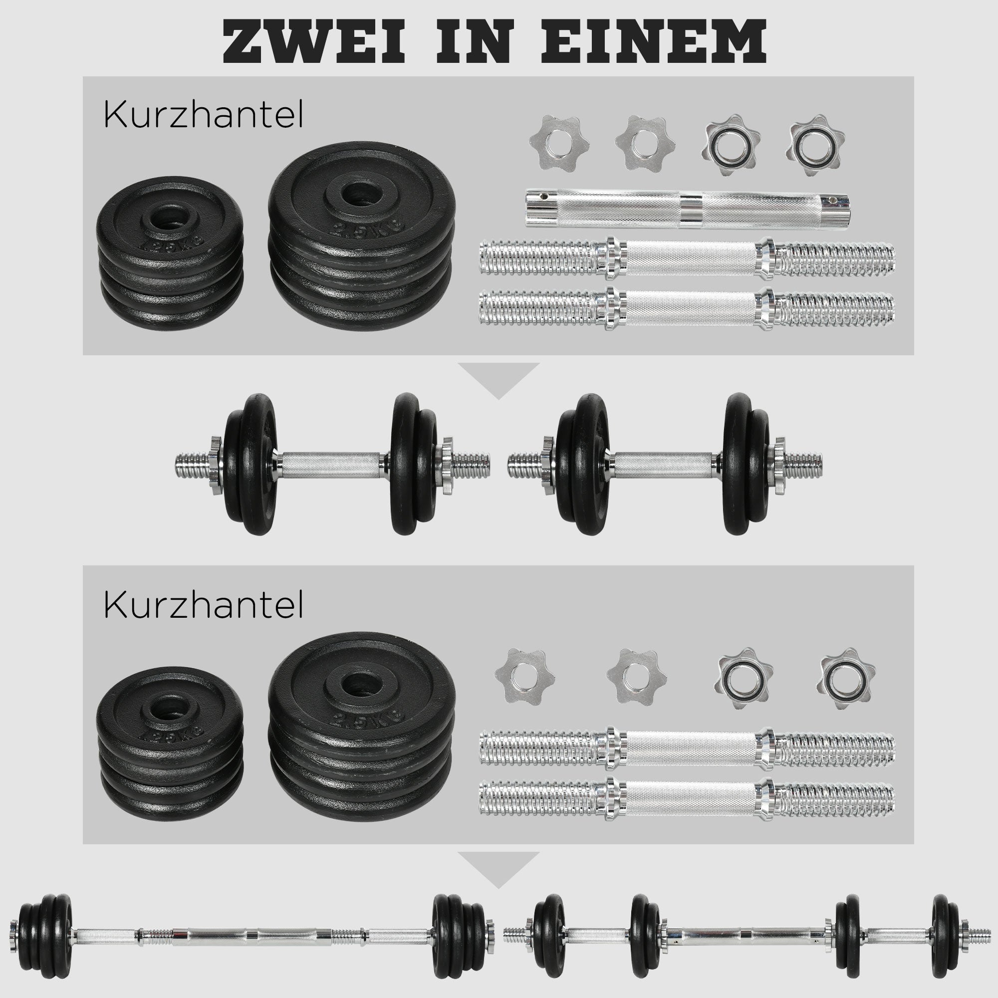 HOMCOM Kurzhantel, Langhantel, 2-in-1, 20 kg, 8 Hantelscheiben, rostfrei, Eisen, schwarz, 95 x 16 x 16Hcm