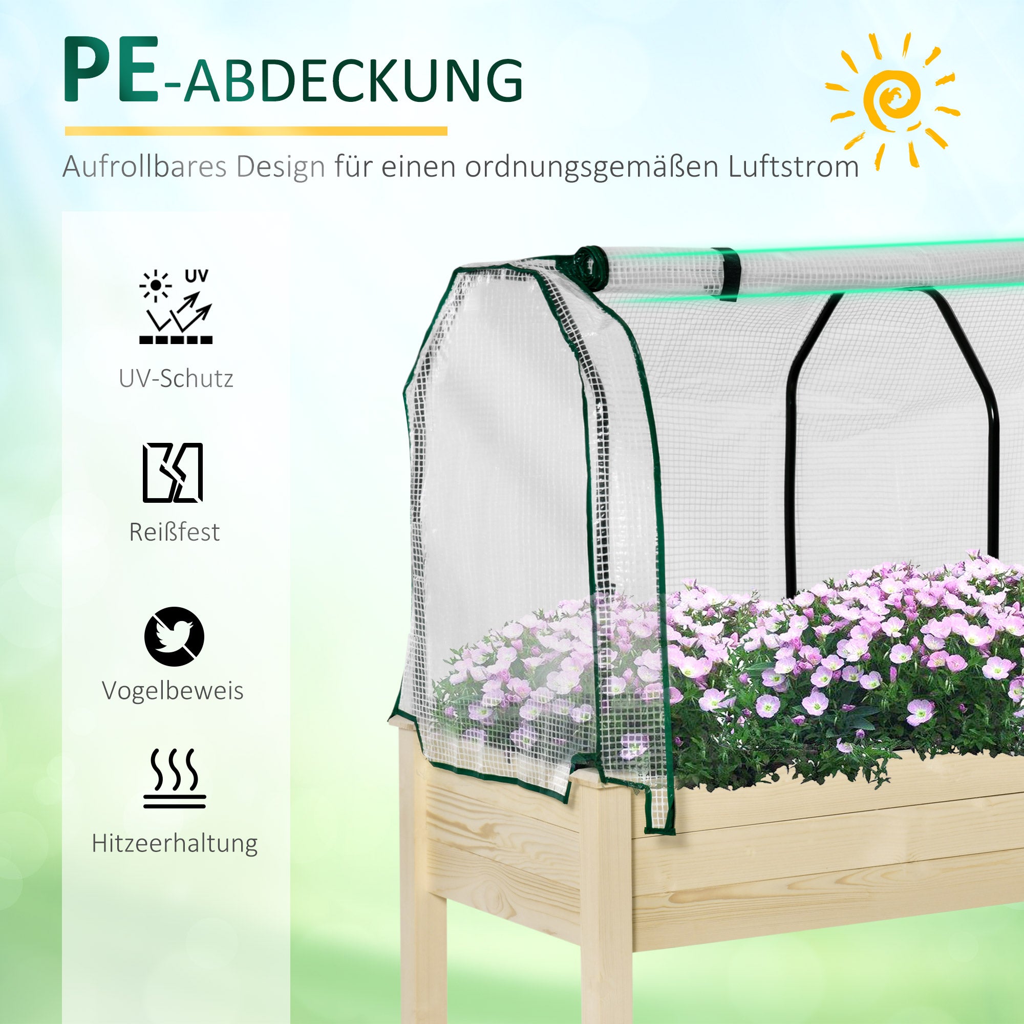 Outsunny Hochbeet, aufrollbare Folienabdeckung, Naturholzrahmen, Stoffauskleidung, Drainageöffnungen, 121 x 55 x 117cm