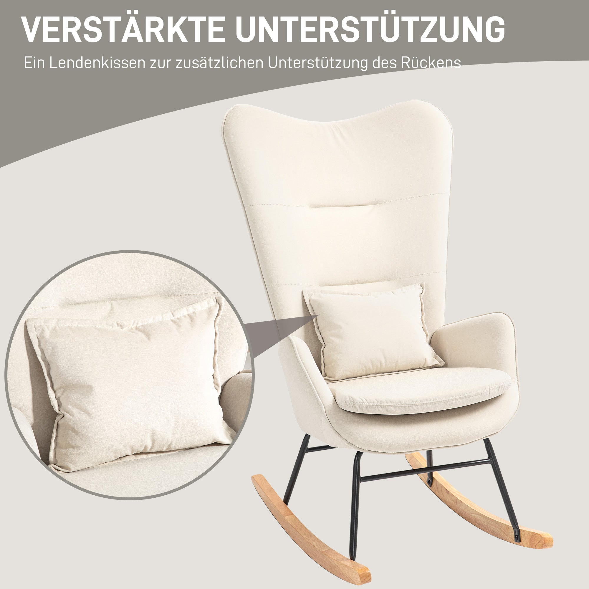 HOMCOM Schaukelstuhl, weicher Bezug in Samtoptik, mit Lendenkissen, bis 120 kg belastbar, 67 x 85 x 112 cm, Cremeweiß