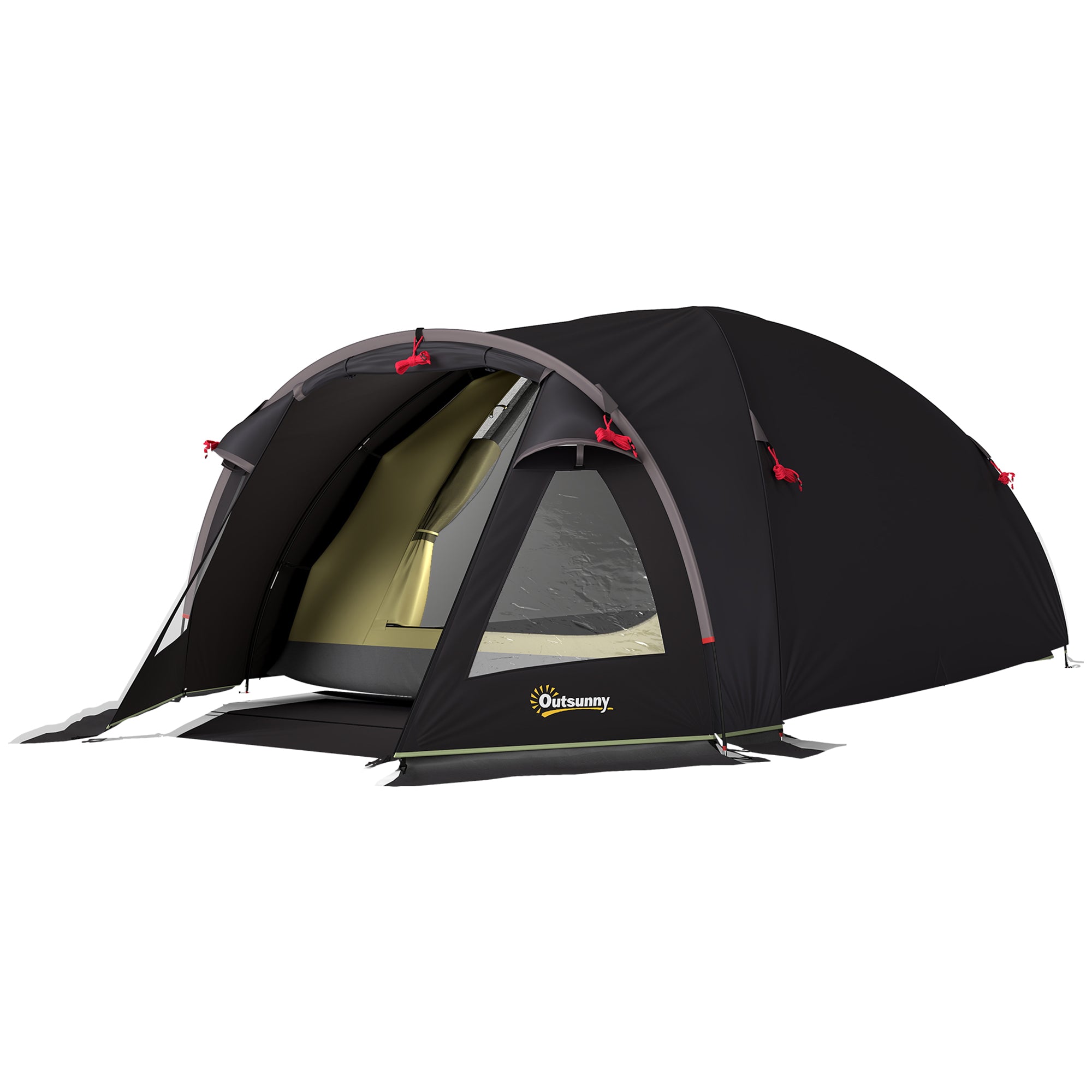 Outsunny Campingzelt für 4 Personen leicht, stabil UV 50+ Tunnelzelt mit Vordach Seitentür&Fenster Schwarz