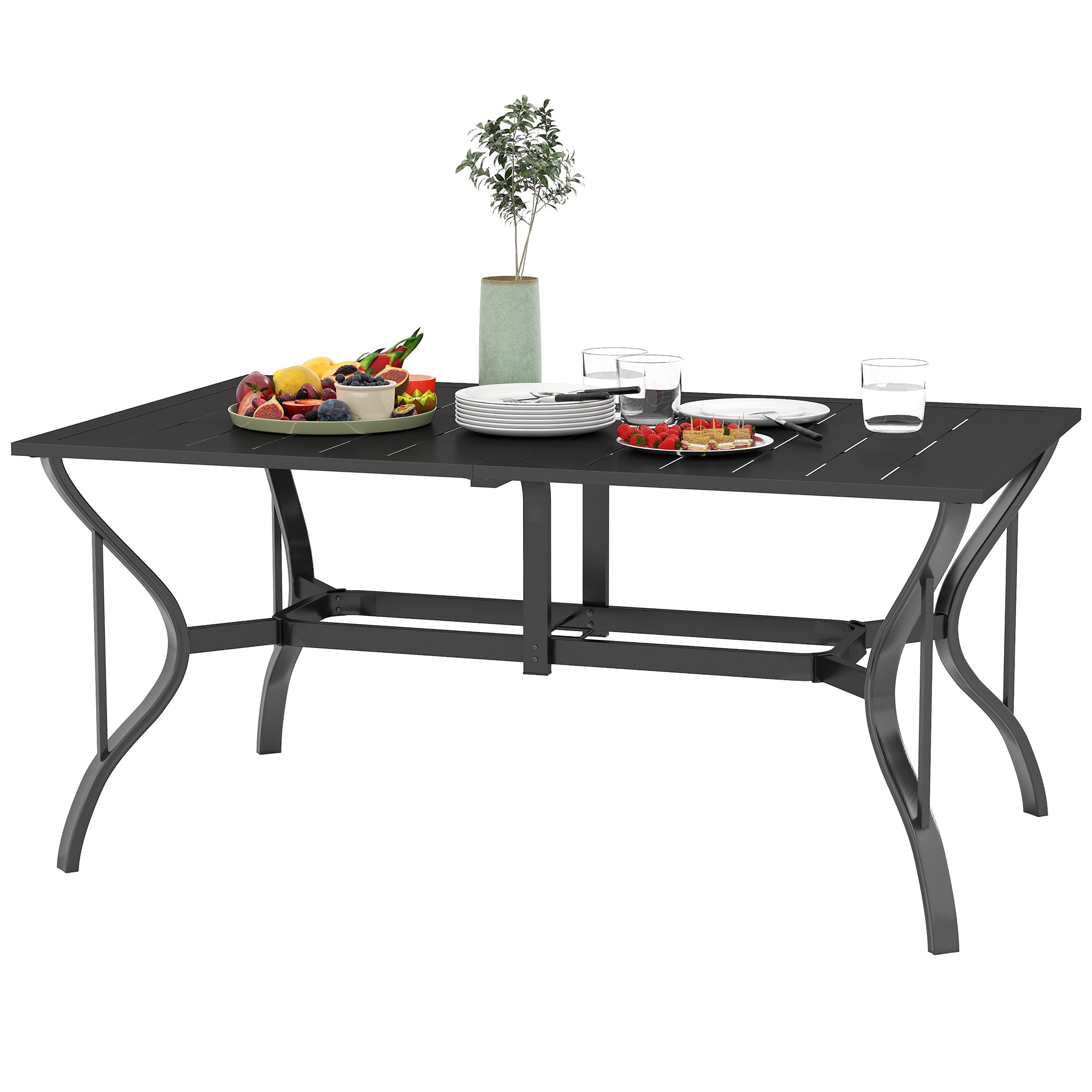 Outsunny Gartentisch Stahl 150x90 cm Wetterfest Balkontisch mit Schirmloch, Lamellen-Design für 6 Personen Schwarz
