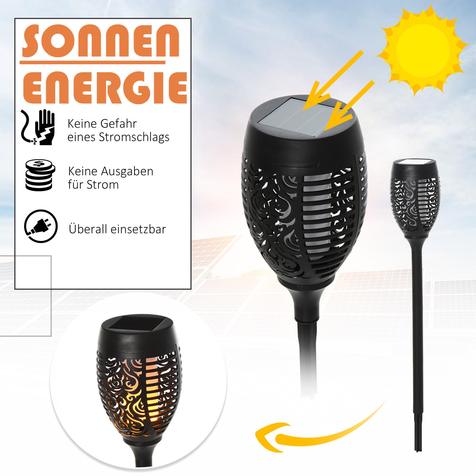Outsunny Gartenbeleuchtung 4 Stück Solar LED Warmweiß Gartenstrahler mit Erdspieß Stecker IP44 Wasserdichter Gartenleuchte Solar Gartenlampe für Draußen Garten Rasen, Hof