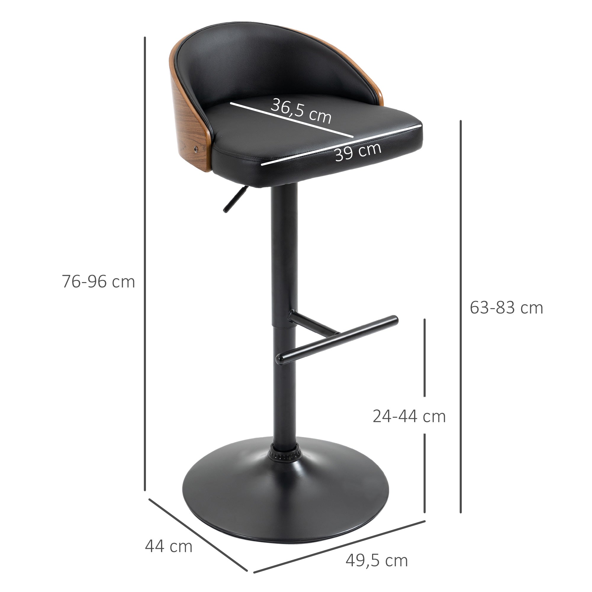 HOMCOM Barhocker 2er Set, Gepolstert Barstuhl aus Stahl und Massivholz, Höhenverstellbar Küchenstühle mit Fußstütze, 360° Drehbar, Tresenhocker für Küche, Wohnzimmer, Esszimmer, Schwarz+Kaffee
