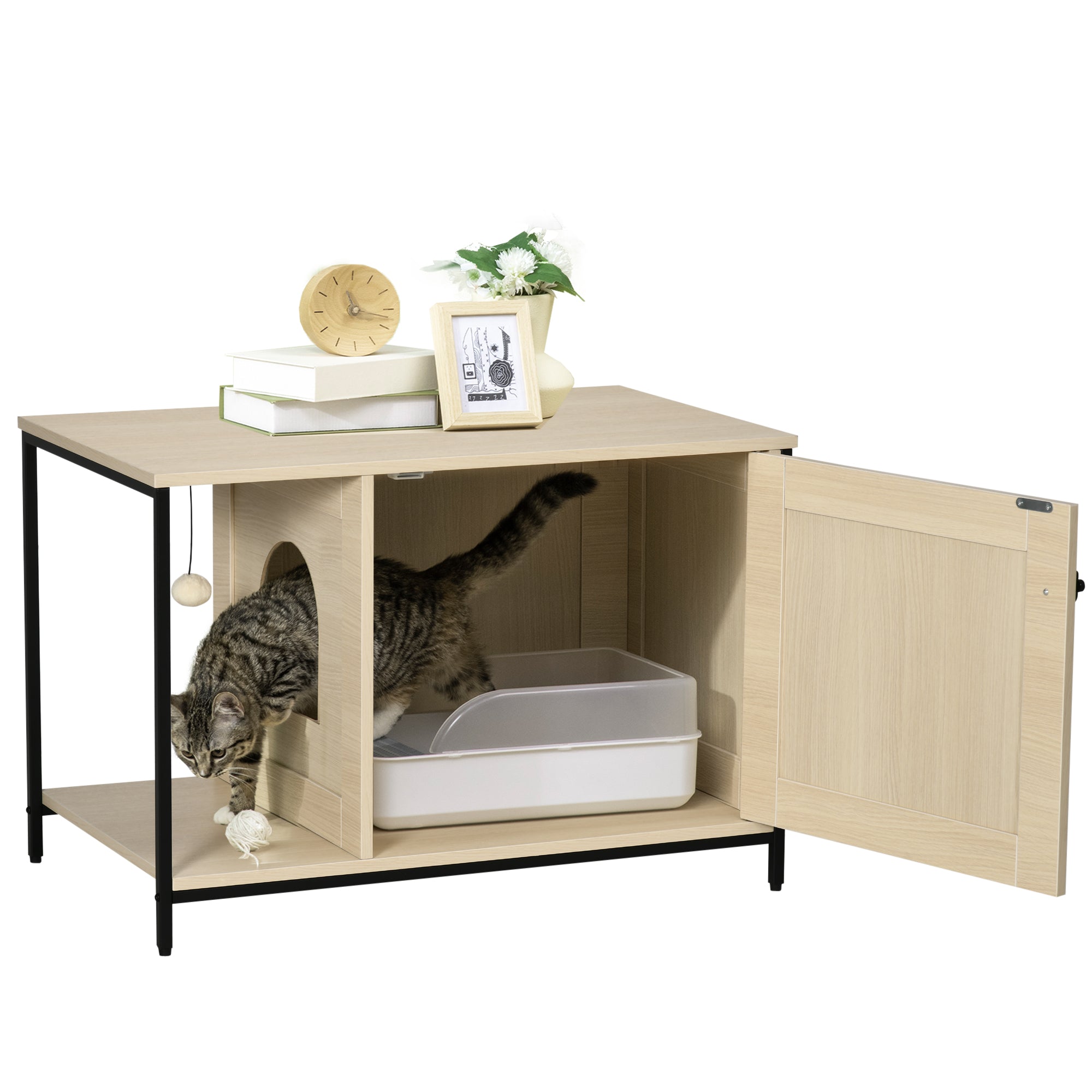 PawHut Katzenschrank Katzentoilette multifunktional Magnettür Eiche
