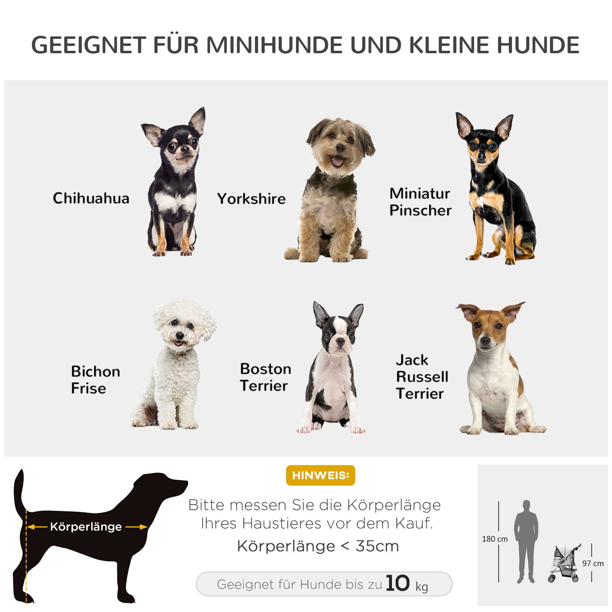 PawHut Hundebuggy Hundewagen bis 10 kg Klappbar Regenschutz Bodenkorb 2 Becherhalter 75 cm x 45 cm x 97 cm Grau