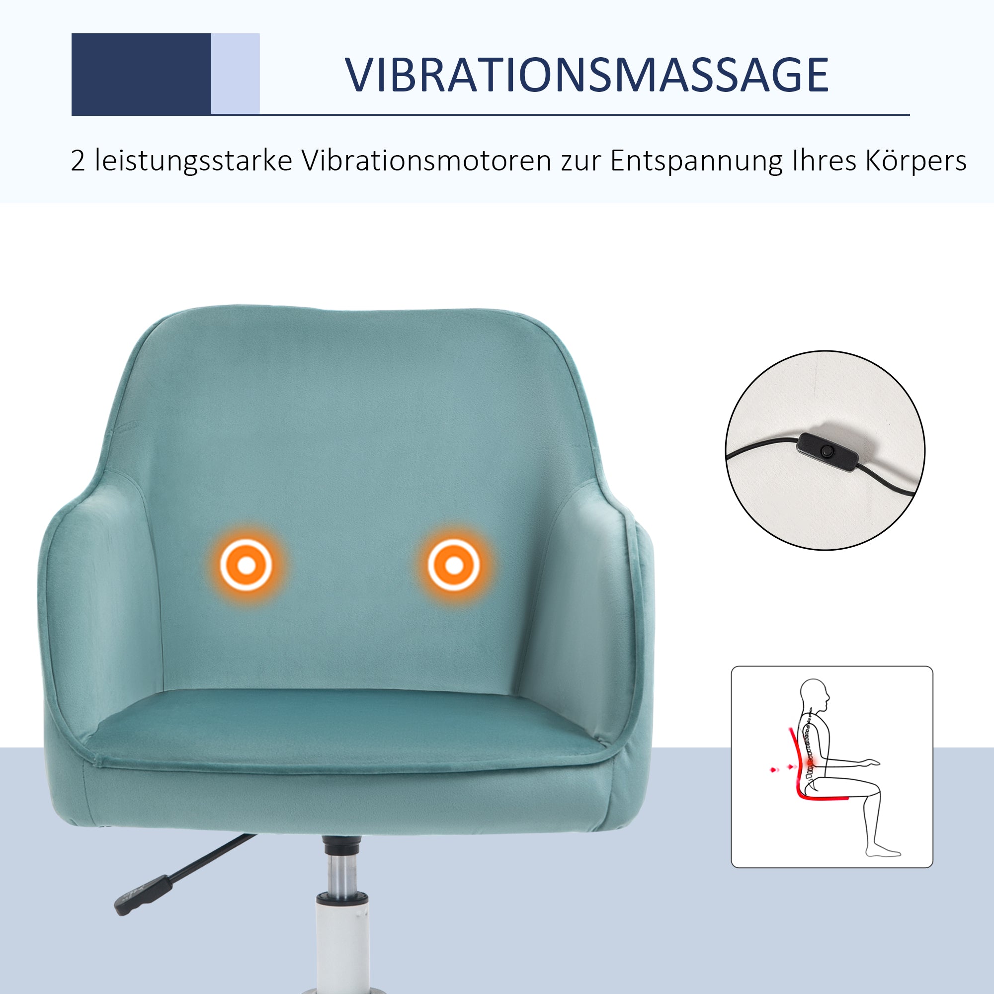 Vinsetto Massage-Bürostuhl in Samtoptik Lendenkissen mit Vibrationsmassage bis 115 kg USB-Schrittstelle höhenverstellbar 57B x 70T x 78-86H cm Grün
