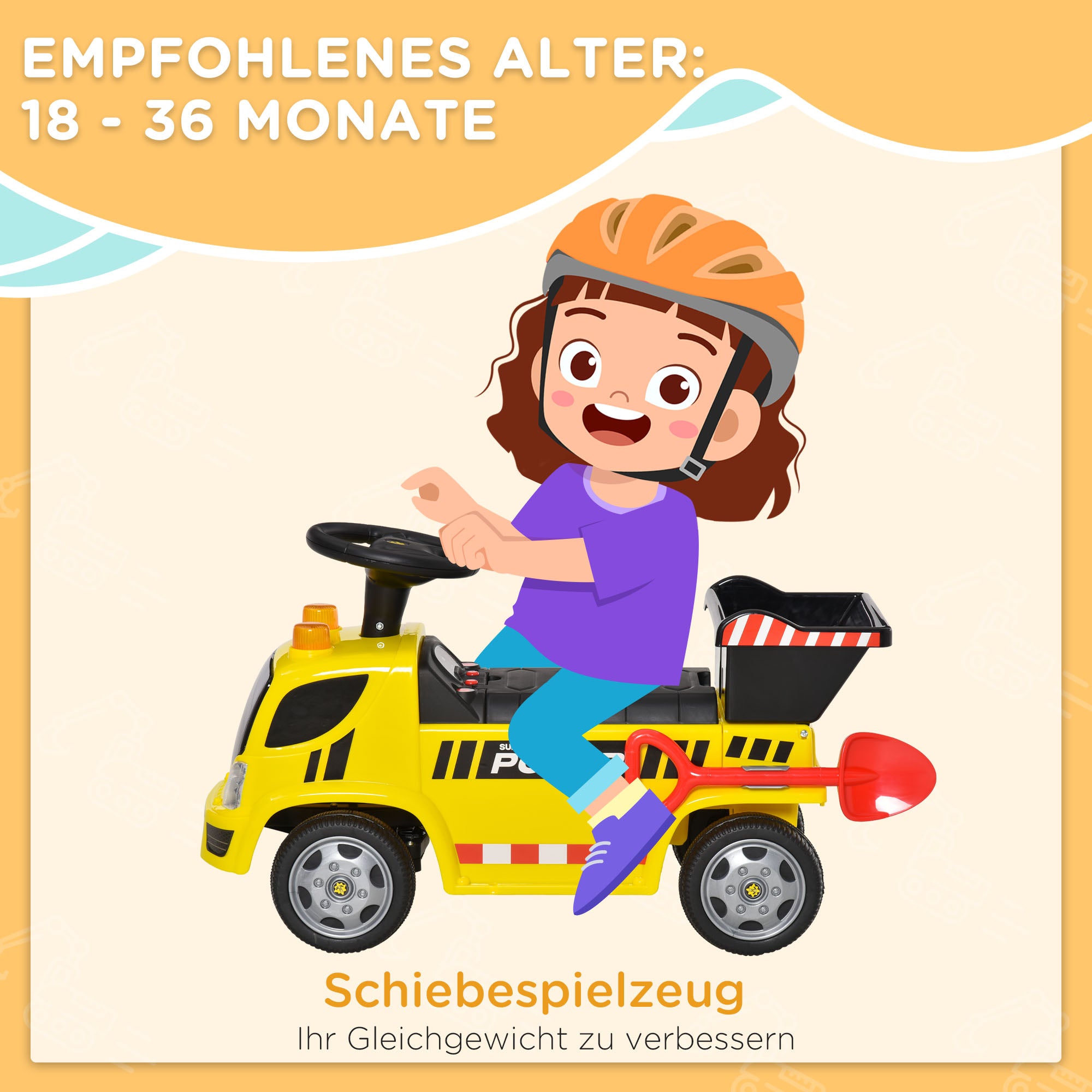 HOMCOM Sitzbagger für Kinder Rutscherfahrzeug mit Kippen Eimer und Schaufel Fuß Rutscherauto unter Sitz Lagerung für Baby 18-36 Monaten Metall PP-Kunststoff Gelb 72 x 28,2 x 42 cm