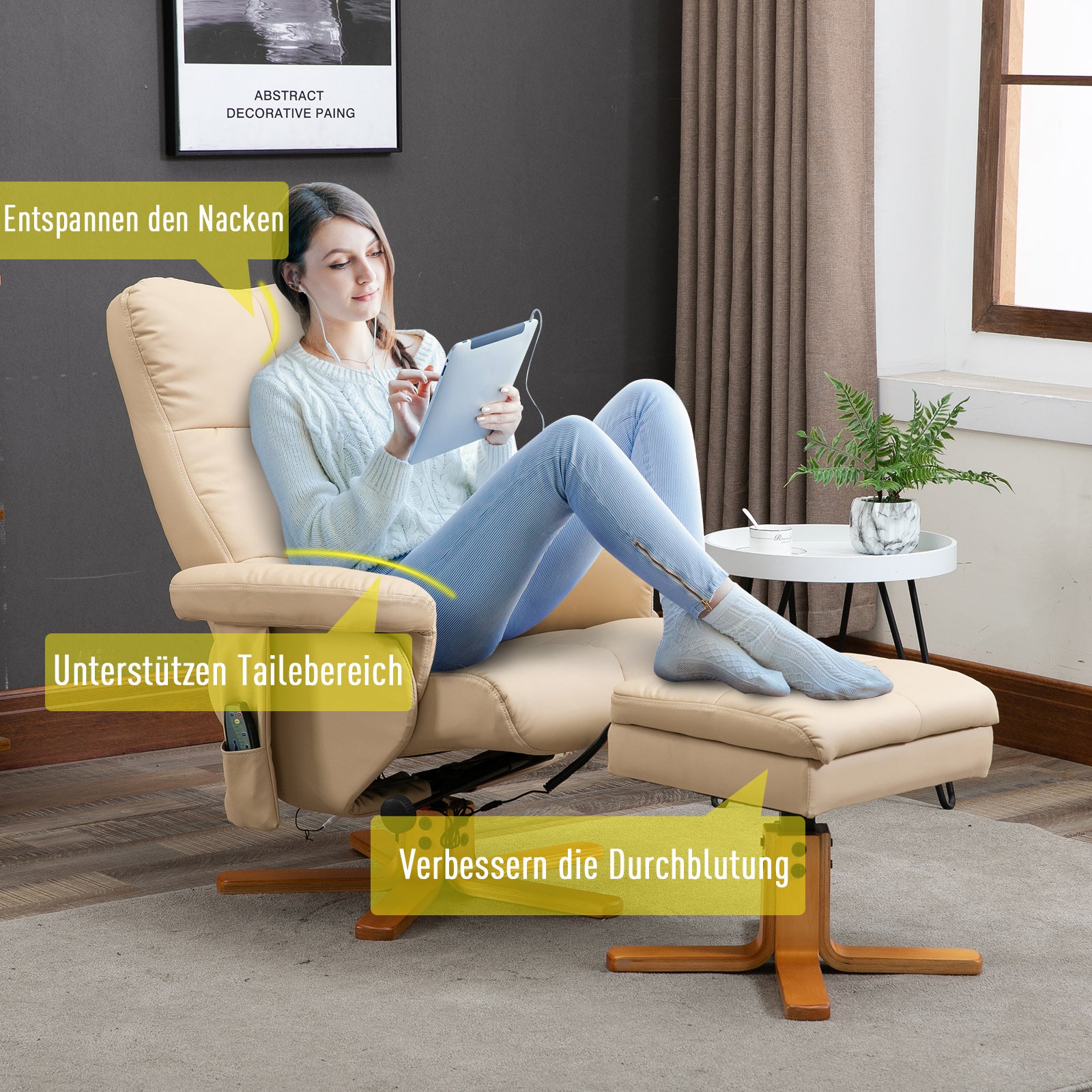 HOMCOM Relaxsessel Massagesessel mit Fußhocker Stauraum Liegefunktion Fernsehsessel mit Massagefunktion TV Sessel 145°-Neigung Polyester Cremeweiß 80 x 86 x 99 cm