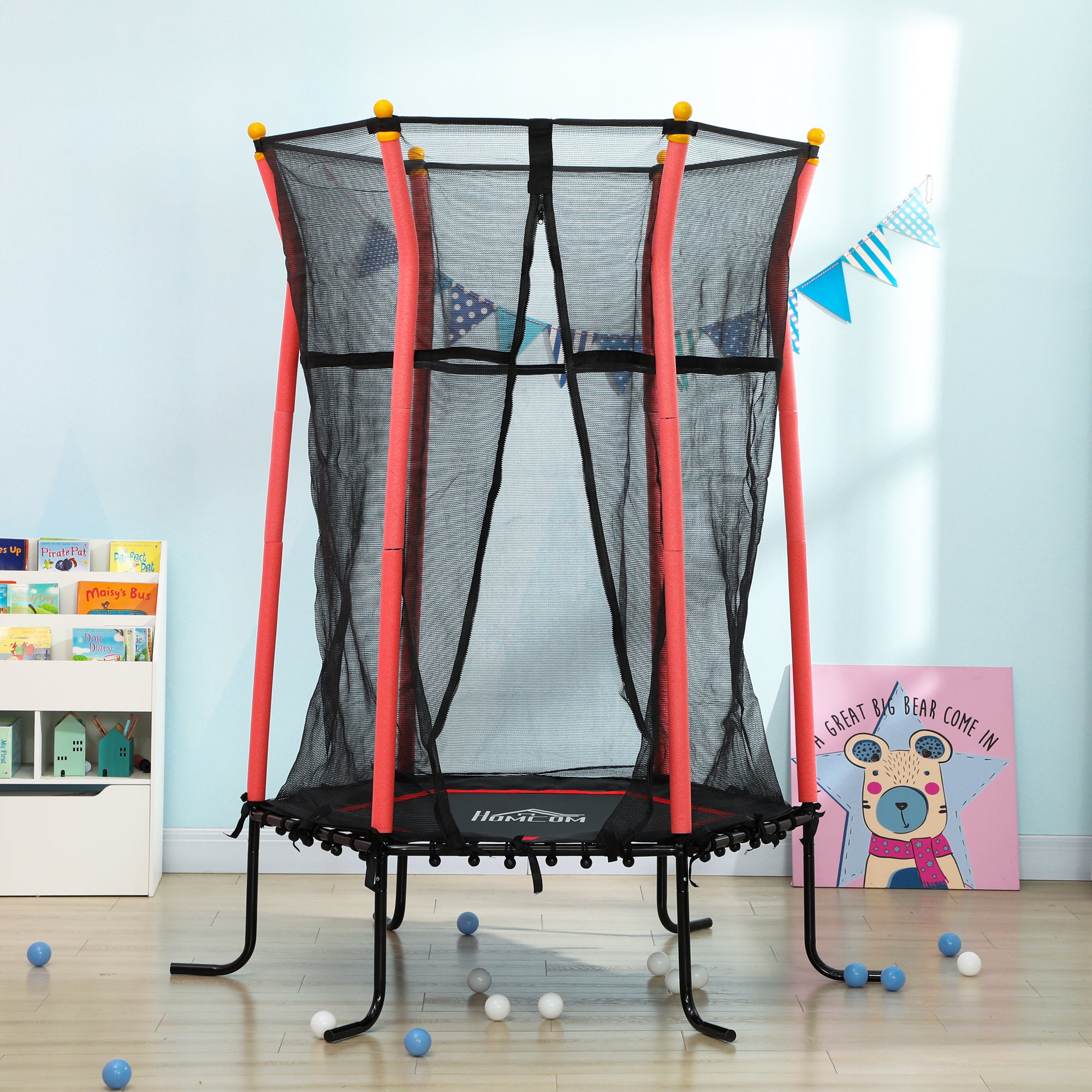 HOMCOM Trampolin für Kinder, Ø163,5 cm, mit Sicherheitsnetz, gepolstert, Stahl, belastbar bis 50 kg, Schwarz & Rot