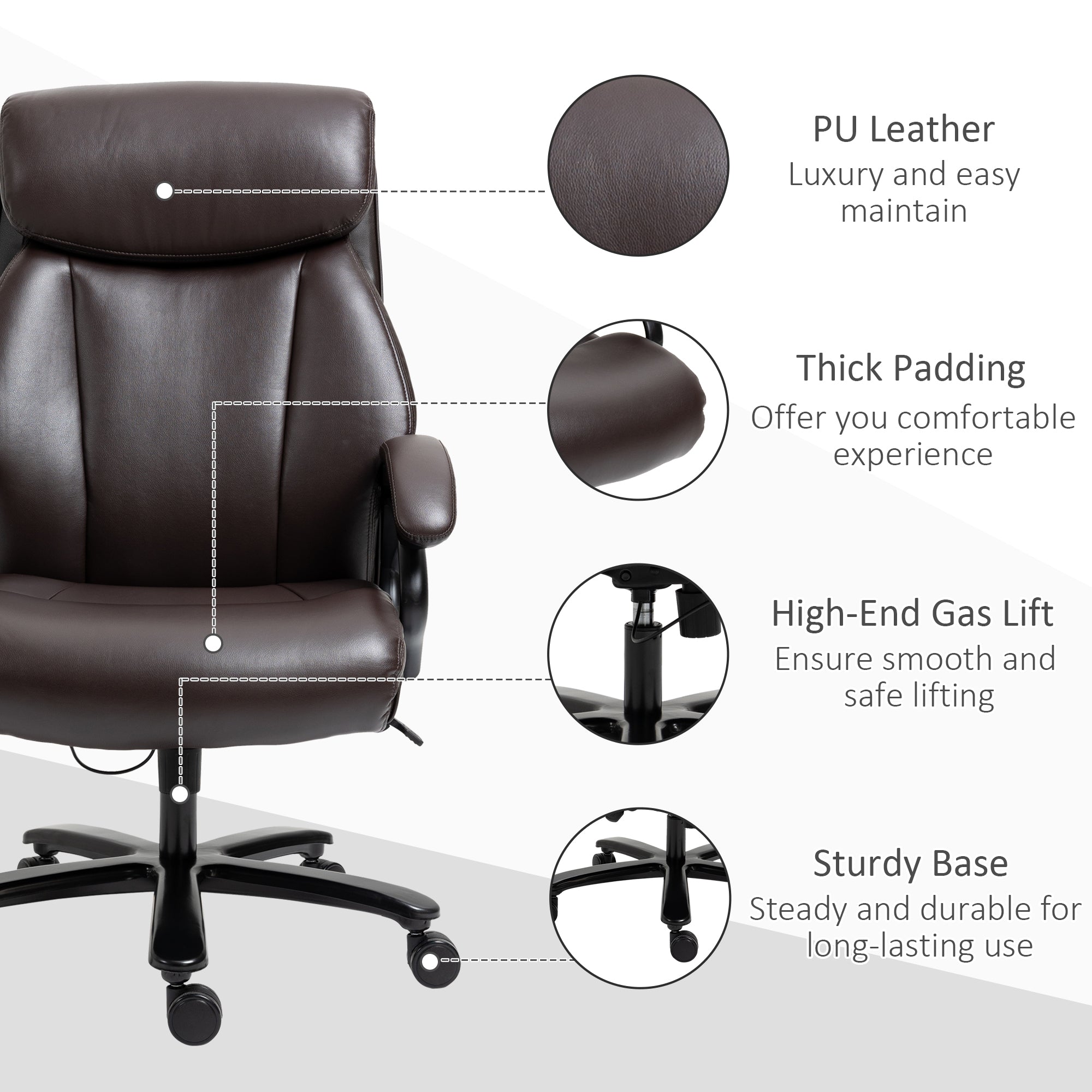 Vinsetto Bürostuhl Chefsessel Gaming Stuhl Drehstuhl Wippfunktion Dicke Polsterung 180 kg Belastbarkeit ergonomisches Design höhenverstellbar Kunstleder Braun 72x83x114-122 cm