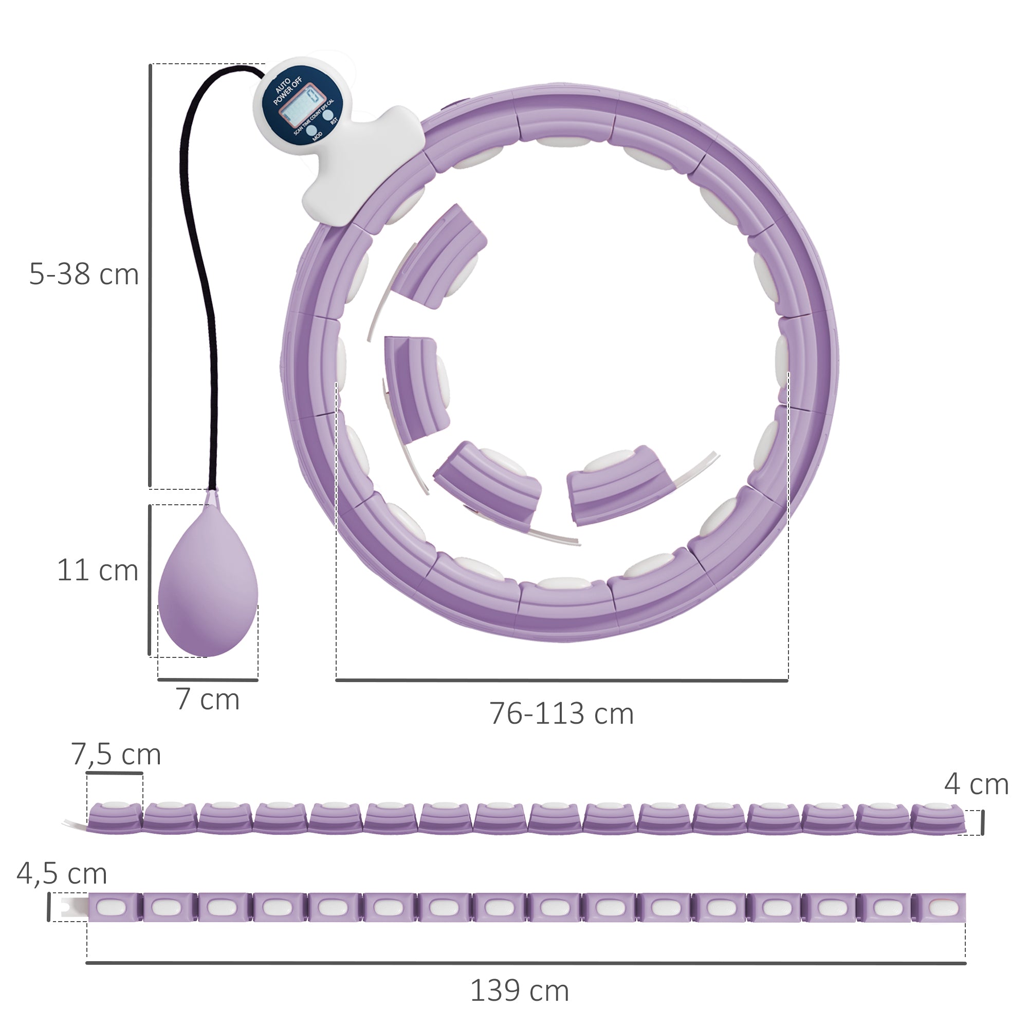 SPORTNOW Smart Hula Hoop Reifen Erwachsene mit Gewicht Kugel Zähler 16 Knoten (76-113cm) Violett