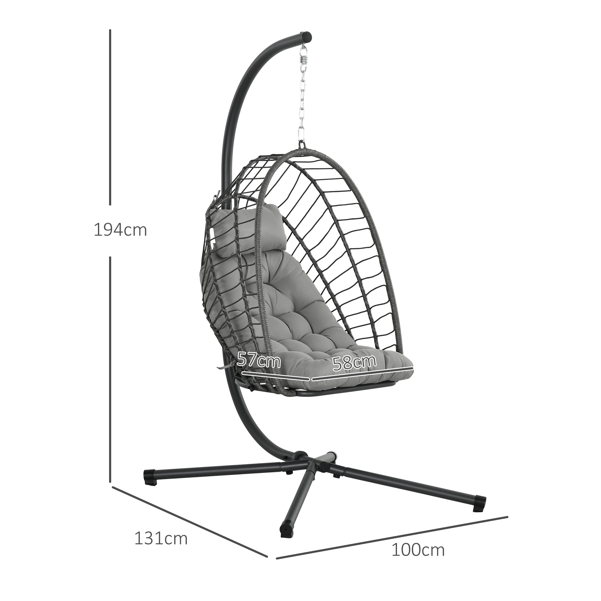 Outsunny Hängesessel Korbsessel Loungesessel, wetterbeständig, 1 Polster, 100 cm x 131 cm x 194 cm, Hellgrau