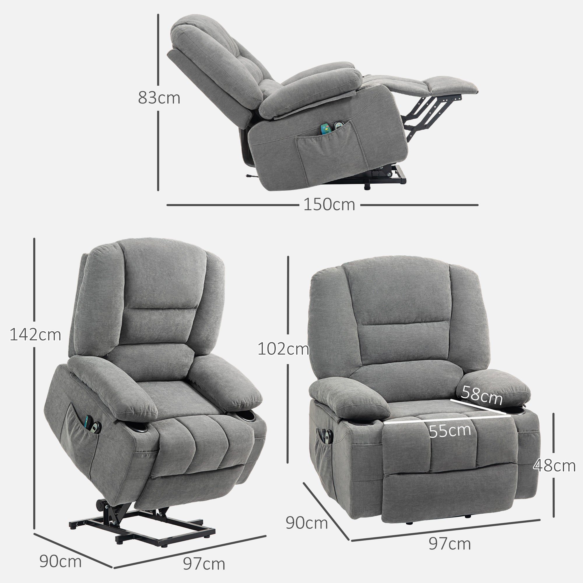 HOMCOM Elektrischer Relaxsessel mit Aufstehhilfe, Massagesessel mit Wärmefunktionen, 2 Fernbedienungen, weicher Schaumstoff