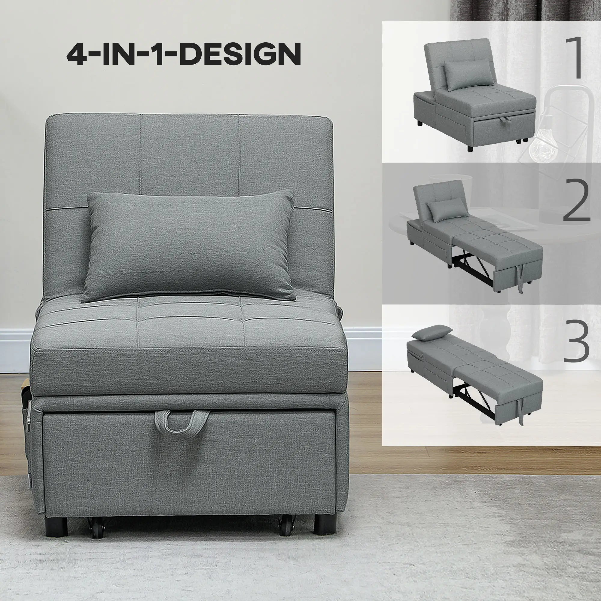 HOMCOM 3-in-1 Klappsessel mit Seitentasche, Gästebett mit Kissen, Verstellbarer Rückenlehne, Bettsessel mit Rollen, Hellgrau