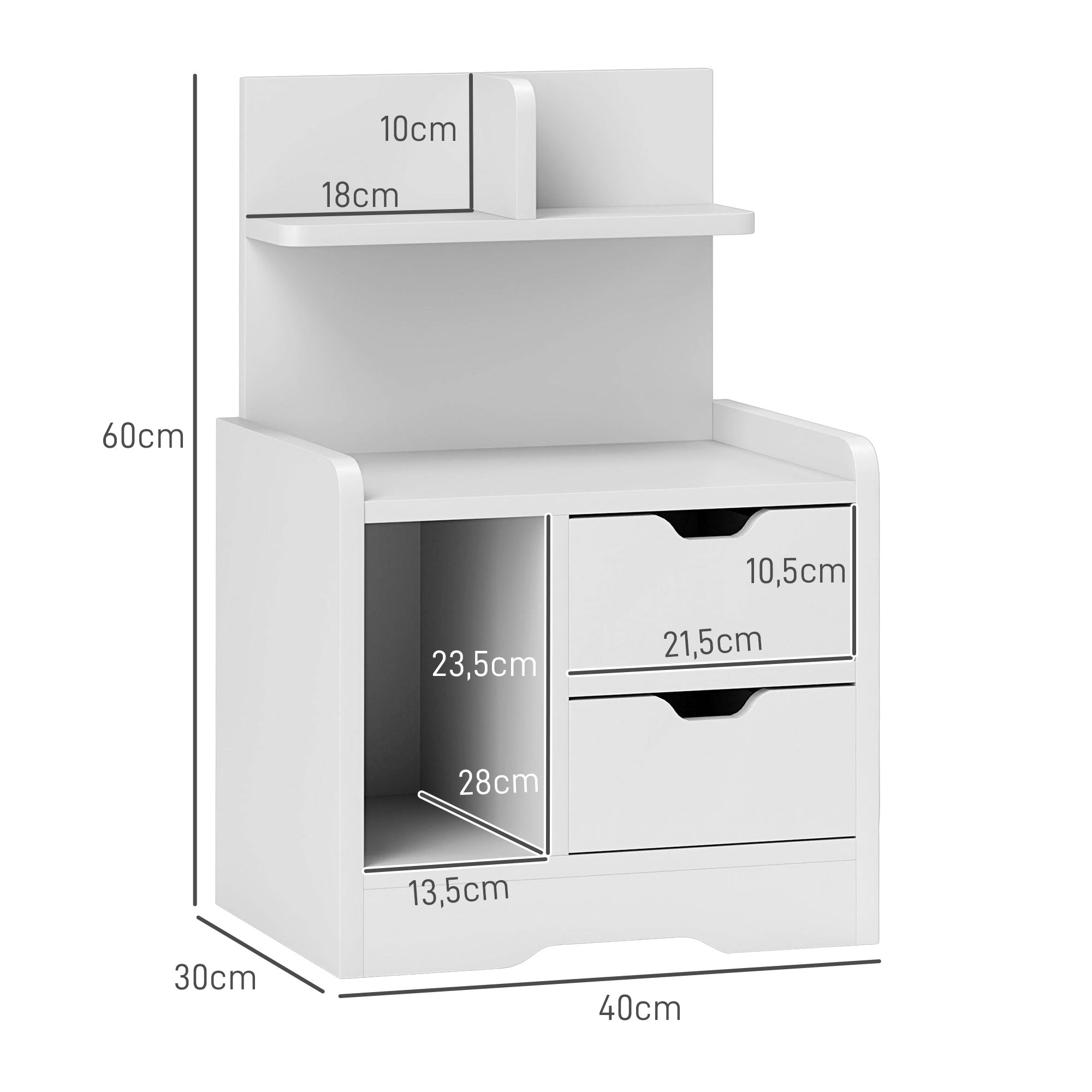 HOMCOM Nachttisch mit 2 Schubladen, offener Ablage, 40x30x60 cm, Weiß
