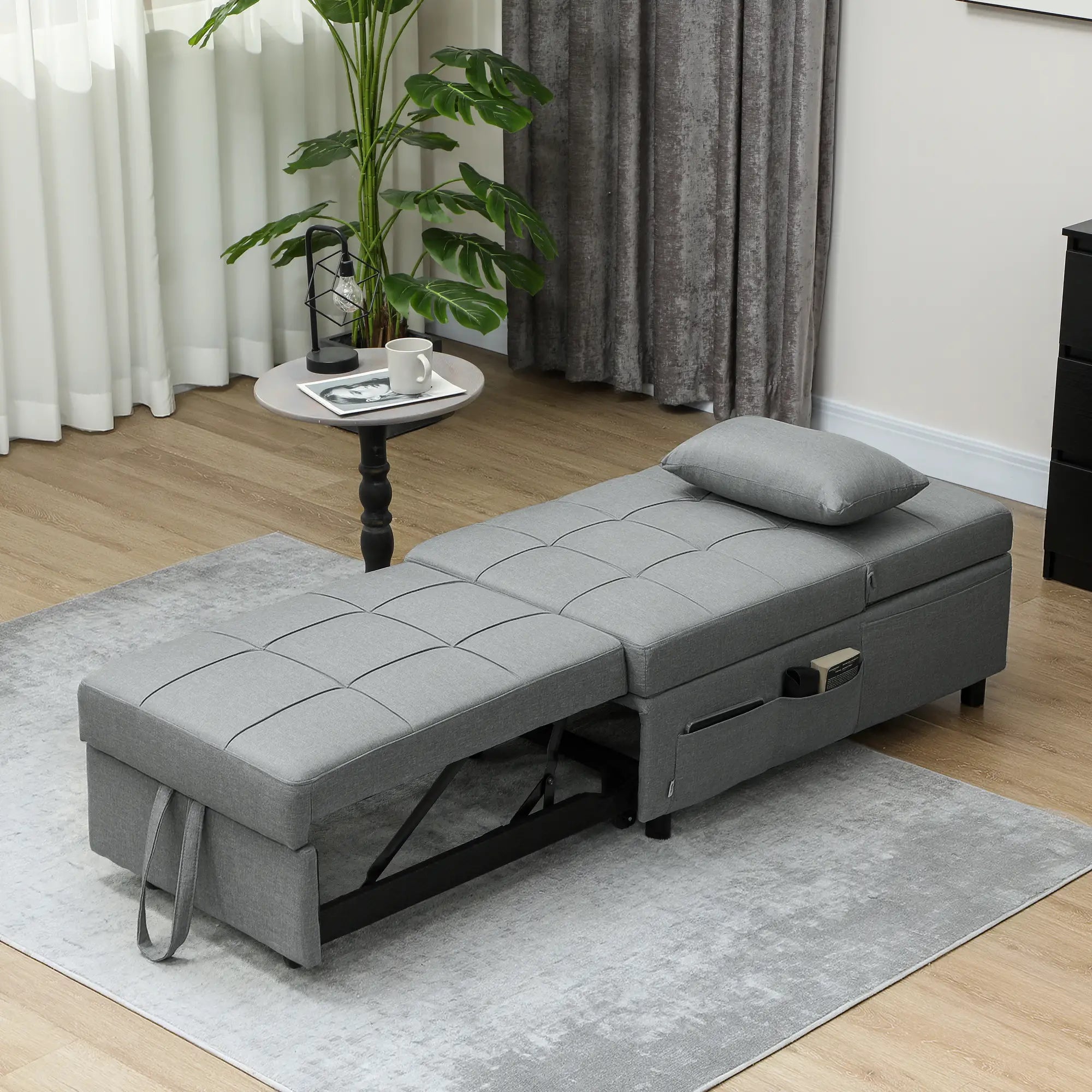 HOMCOM 3-in-1 Klappsessel mit Seitentasche, Gästebett mit Kissen, Verstellbarer Rückenlehne, Bettsessel mit Rollen, Hellgrau