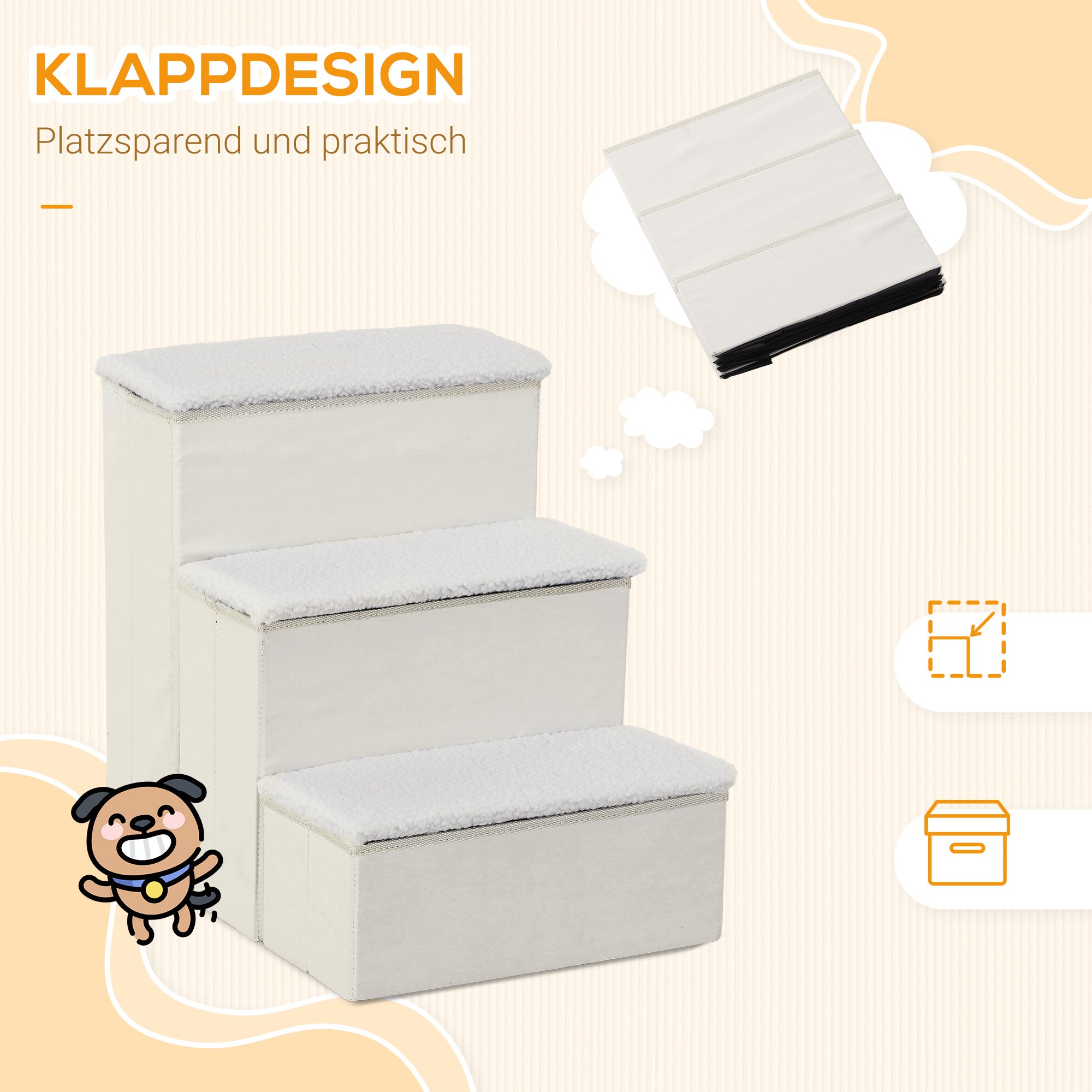 PawHut Haustiertreppe Katzentreppe Hundetreppe Faltbar 3 Stufen Tiertreppe mit Stauraum für Katzen und Hunde MDF Weiß 40 x 54 x 48 cm