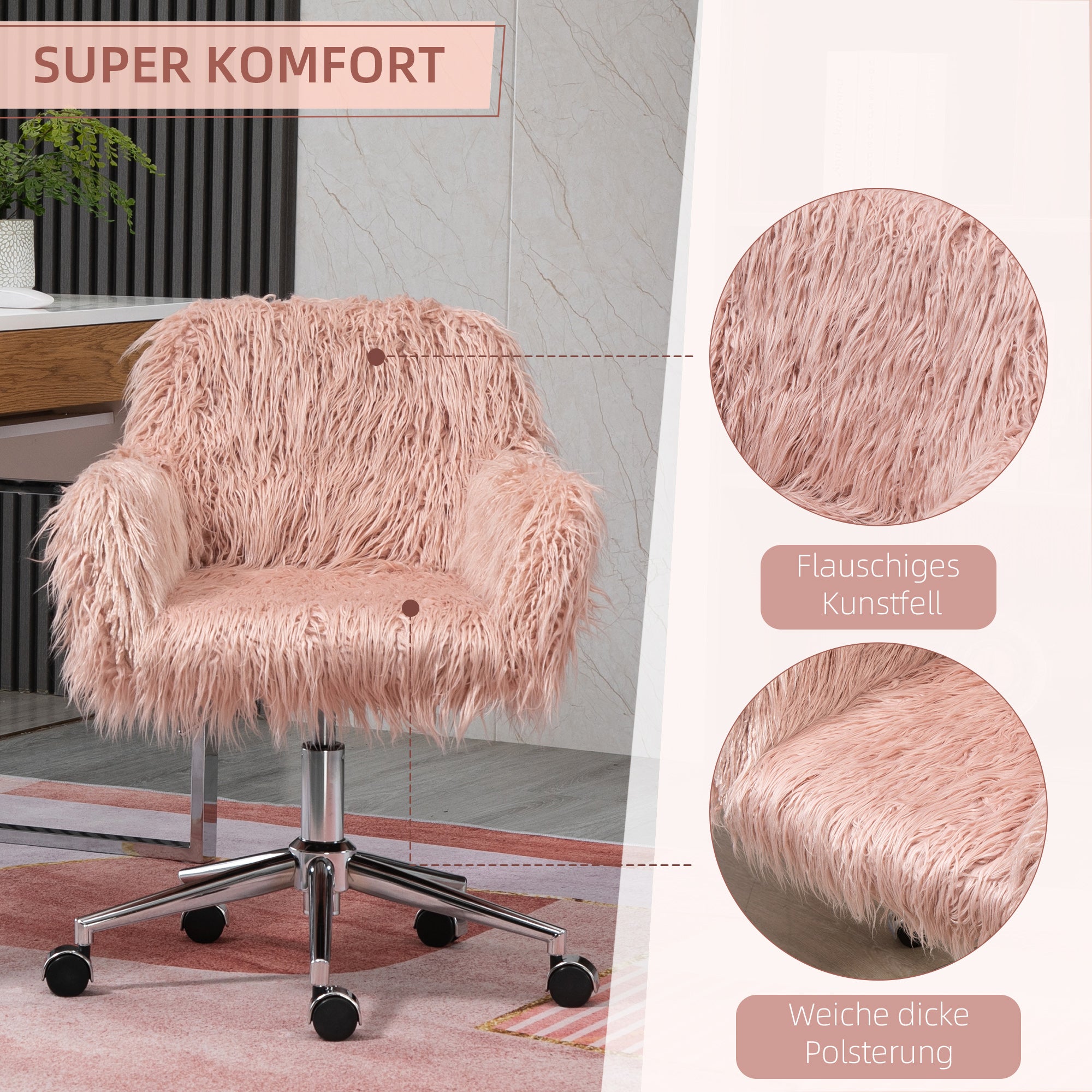 Vinsetto Chefsessel Drehstuhl Computerstuhl Schminkstuhl mit Kunstfell Sitzhöhenverstellung für Mädchen Kunstpelz Schaumstoff Rosa+Silber 57 x 60 x 75-85 cm