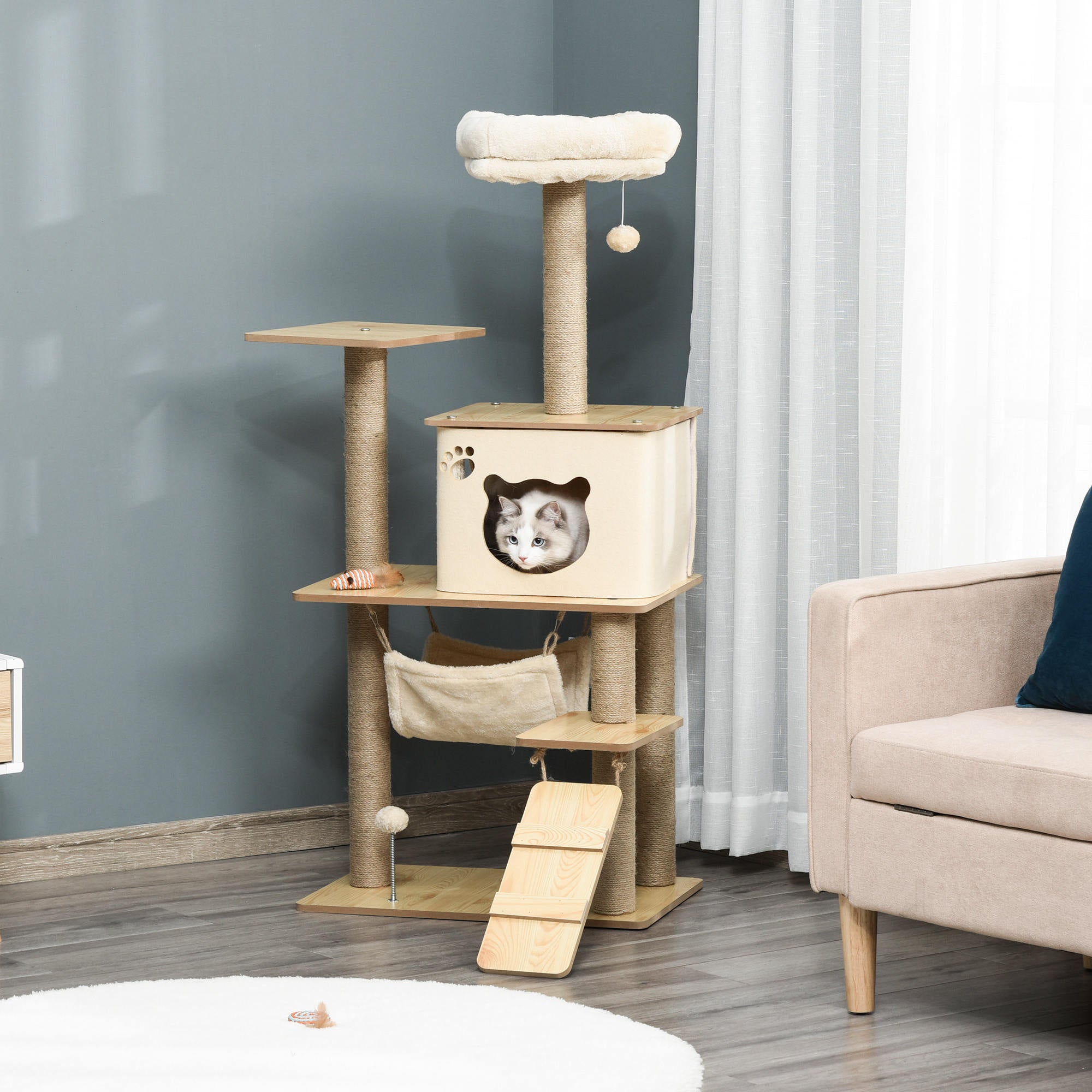 PawHut Kratzbaum Holz 130 cm Gelb mit Höhle & Hängematte