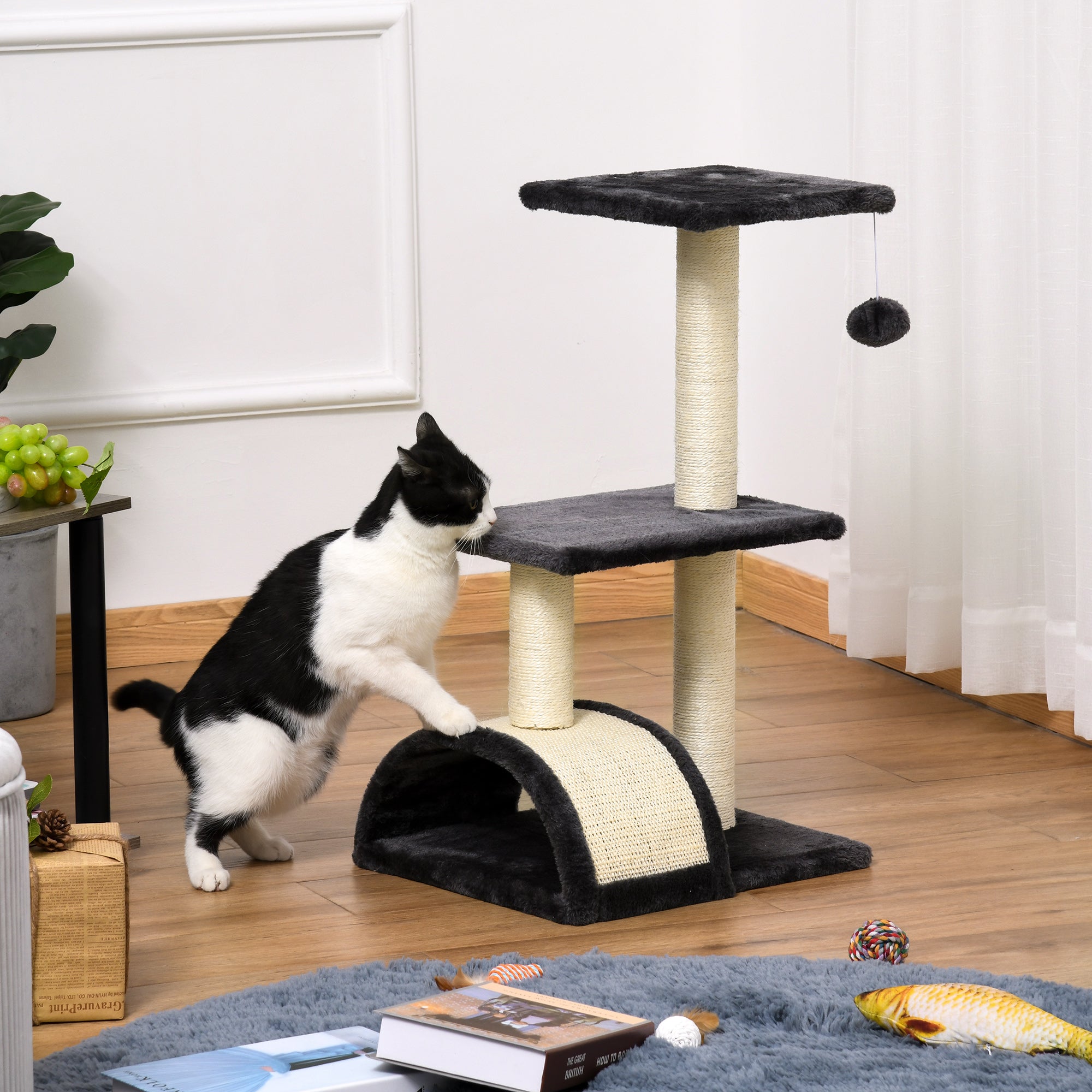 PawHut Kratzbaum 72 cm Katzenturm mit Plüschballen, Sisalstämme, Plattform, Kratzbrett mehrstöckiger Katzenkratzbaum, Kletterbaum, für mittelgroße Katzen, Grau