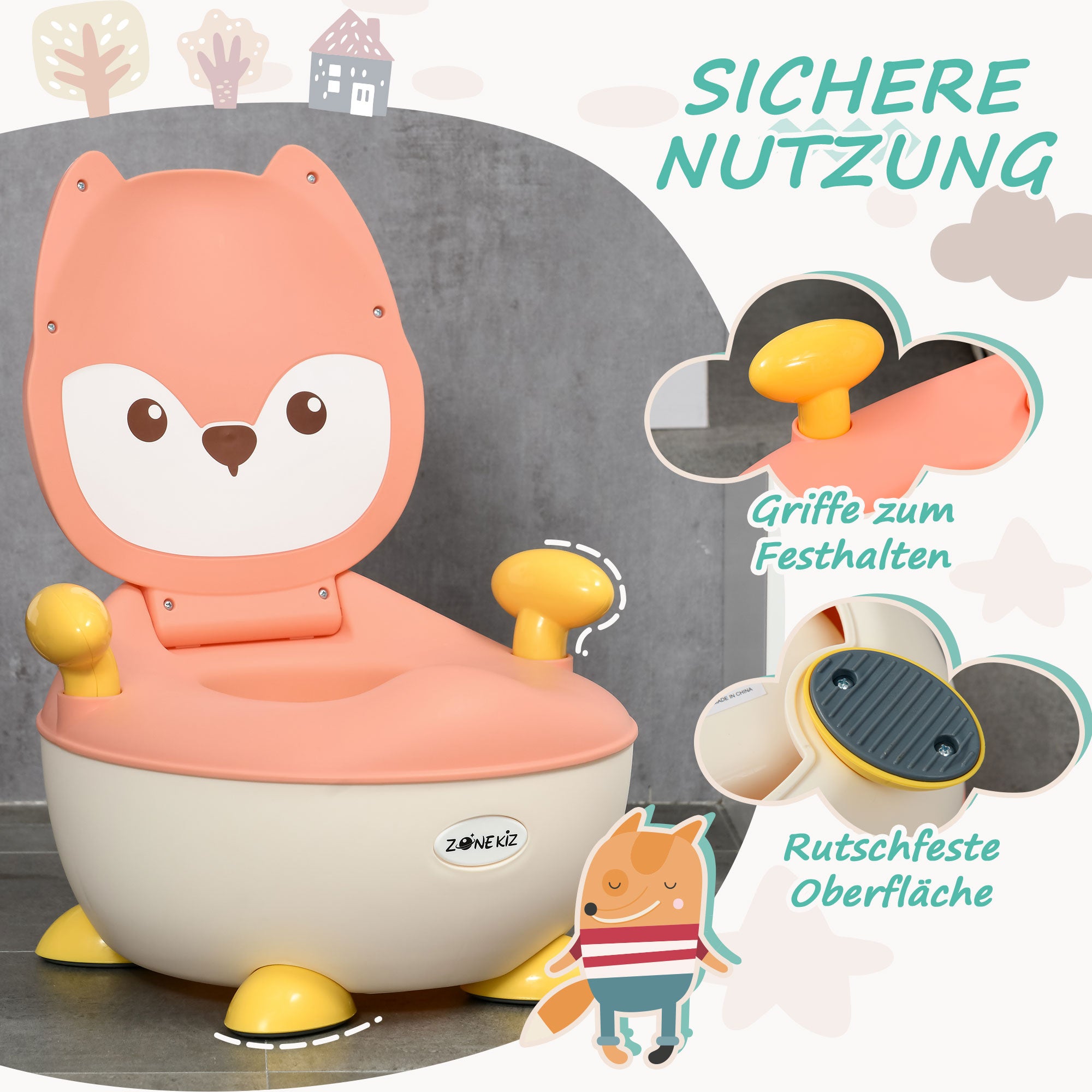 ZONEKIZ Töpfchen für Kinder 0,5 bis 3 Jahre, rutschfest, Innentopf, Spritzschutz, Fuchs-Design, 34,5 x 35 x 23 cm
