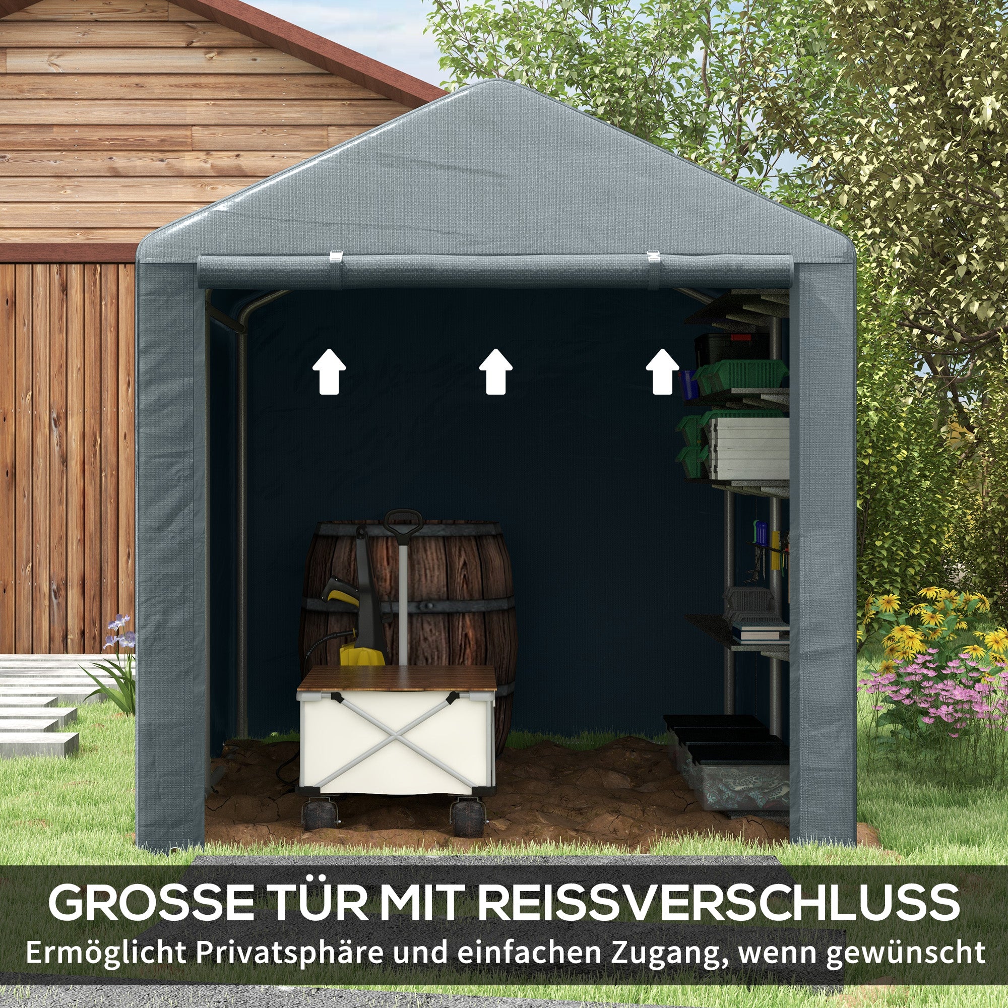 Outsunny Geräteschuppen, Zeltgarage, große Tür, rostfreier Metallrahmen, 160x218x172 cm, Dunkelgrau