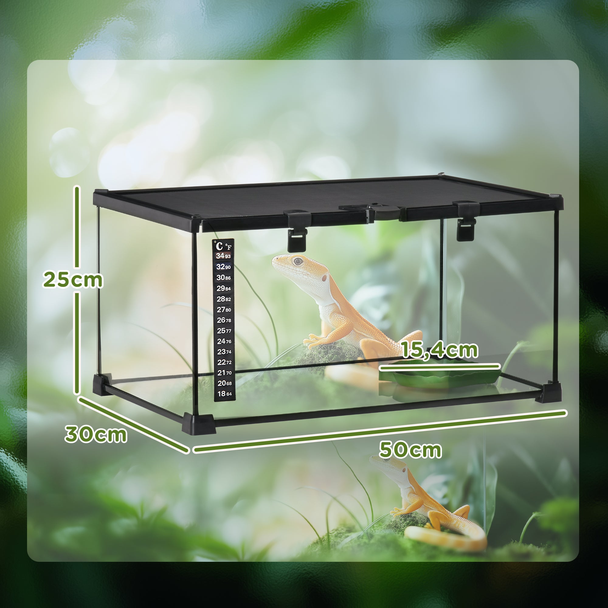 PawHut Reptilienbox Terrarium, inkl. Streifenthermometer, Fütterungsklappen, 50 cm x 30 cm x 25 cm, Glas + Metall, Schwarz