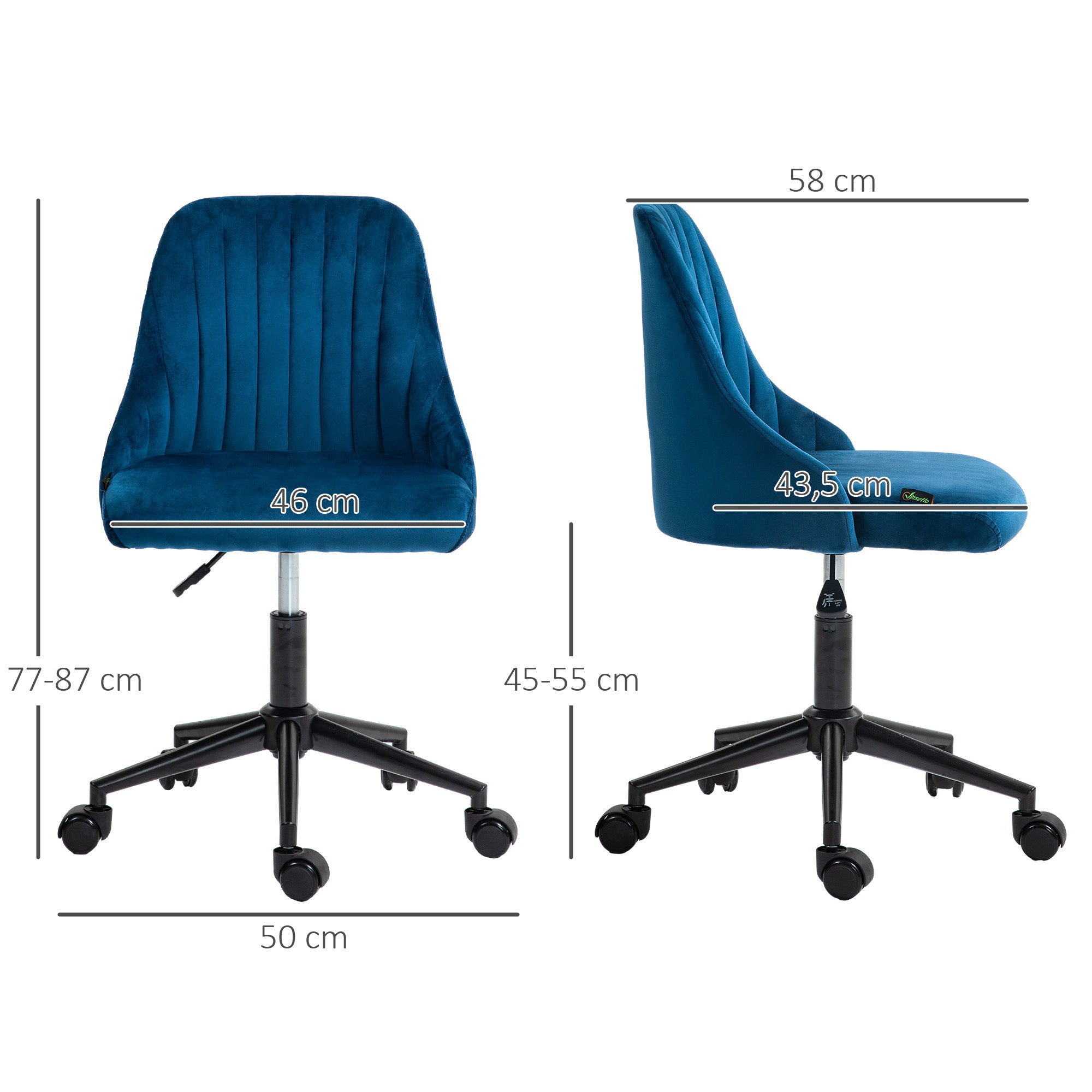 Vinsetto Bürostuhl Drehstuhl Schreibtischstuhl Ergonomisches Liniendesign höhenverstellbar 360° drehbar Schaumstoff Samtartiges Polyester Blau 50 x 58 x 77-87 cm