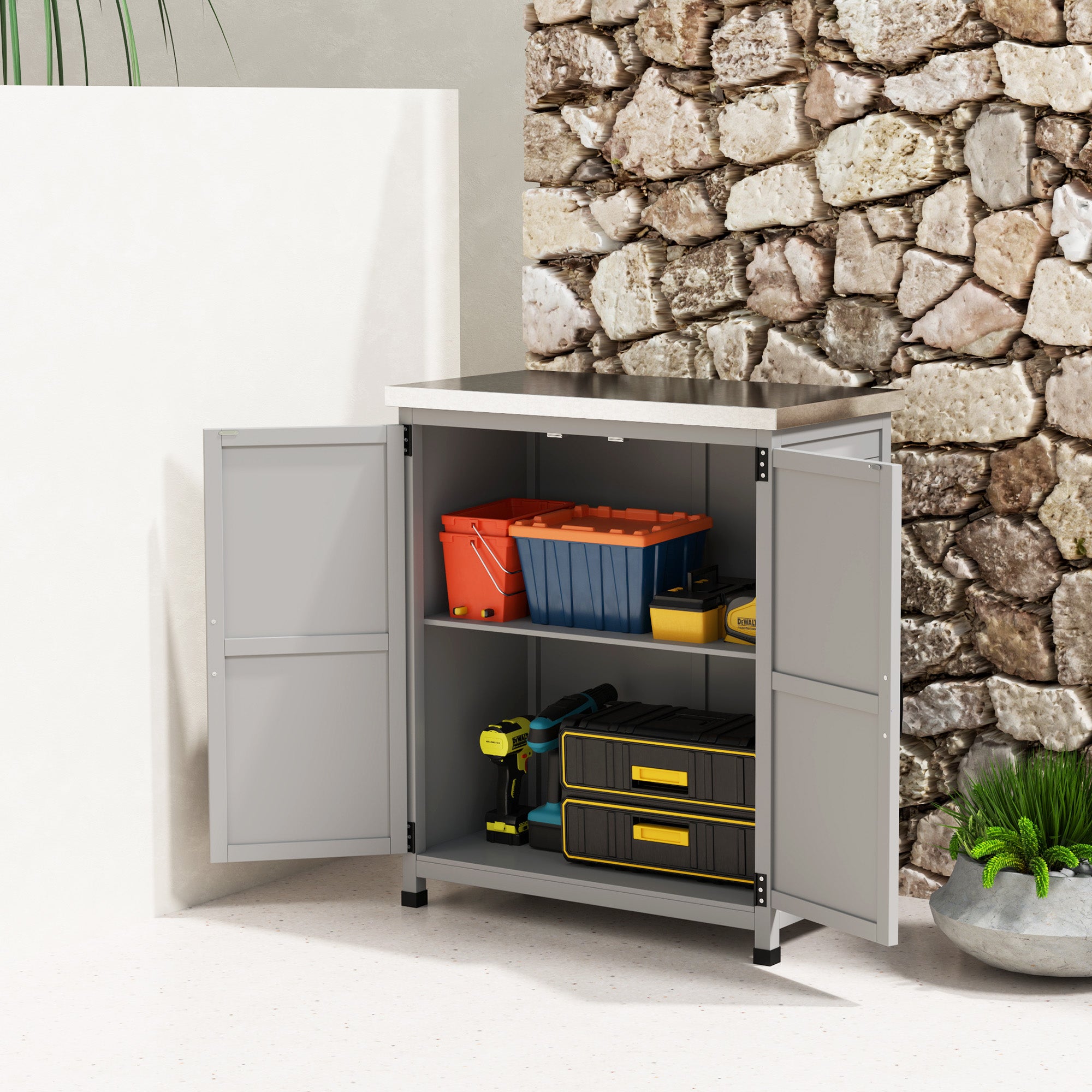 Outsunny Gartenschrank, Außenschrank mit Arbeitsfläche, Werkzeugschrank, Massivholz, Stahl, 79B x 43T x 92H cm, Grau