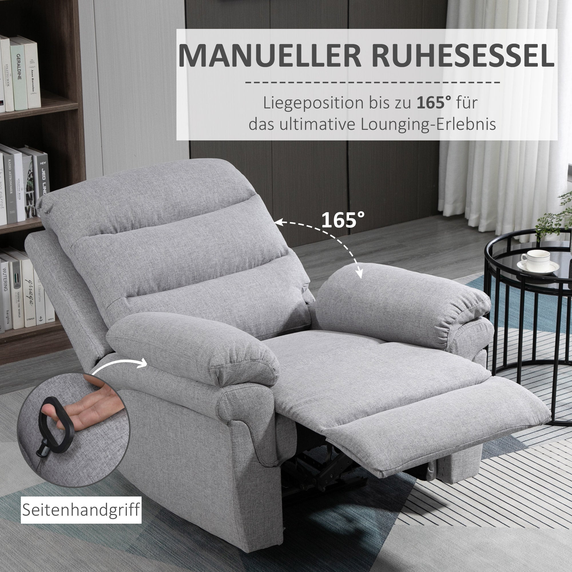 HOMCOM Relaxsessel mit Liegefunktion Einzelsofa Verstellbar Liege 165° neigbar Liegesessel Ruhesessel Fernsehsessel für Wohnzimmer Schlafzimmer Leinen-Touch Hellgrau 91 x 92 x 102 cm