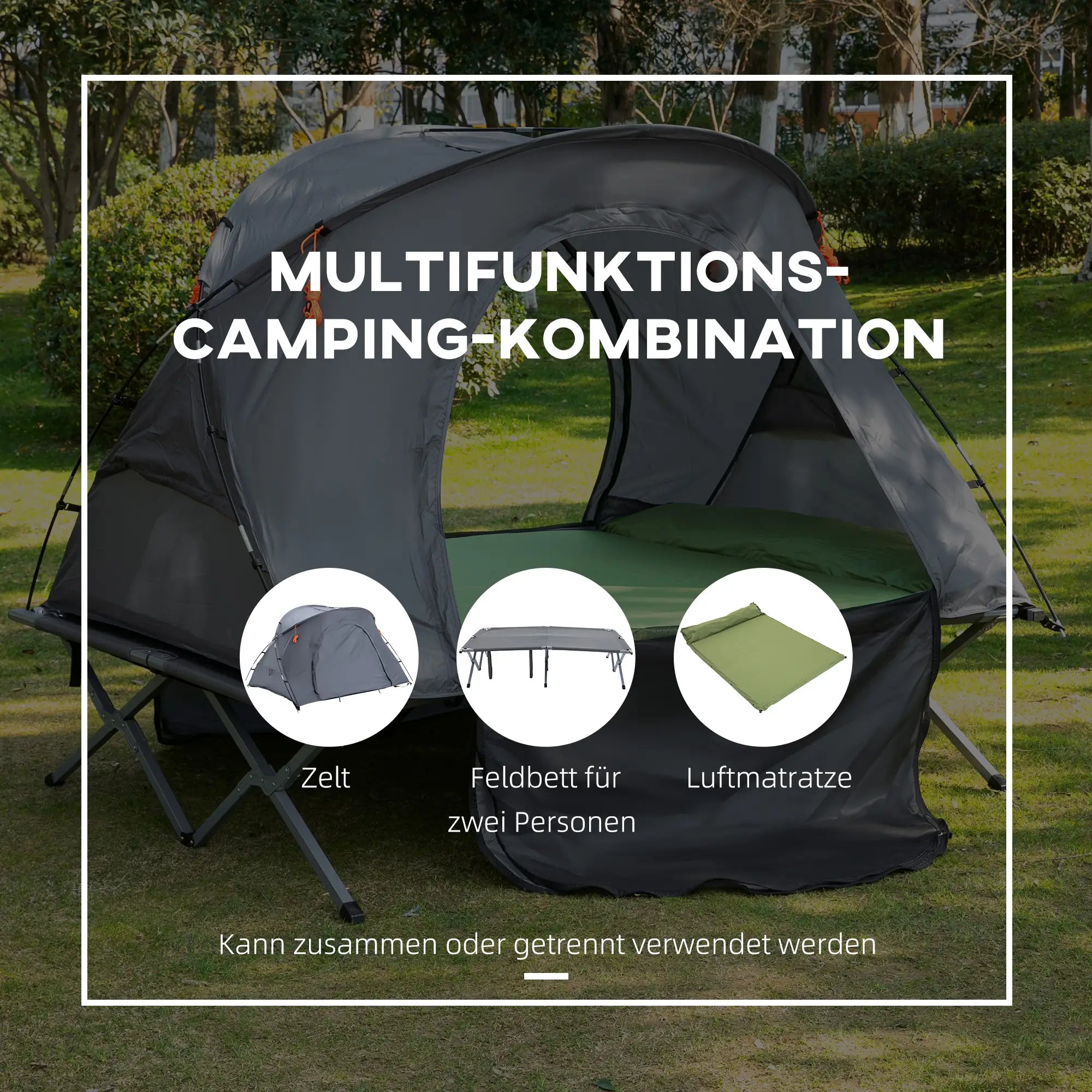 Outsunny Campingbett mit Zelt & Luftmatratze für 2 Personen, 200×146×159?cm, Grau