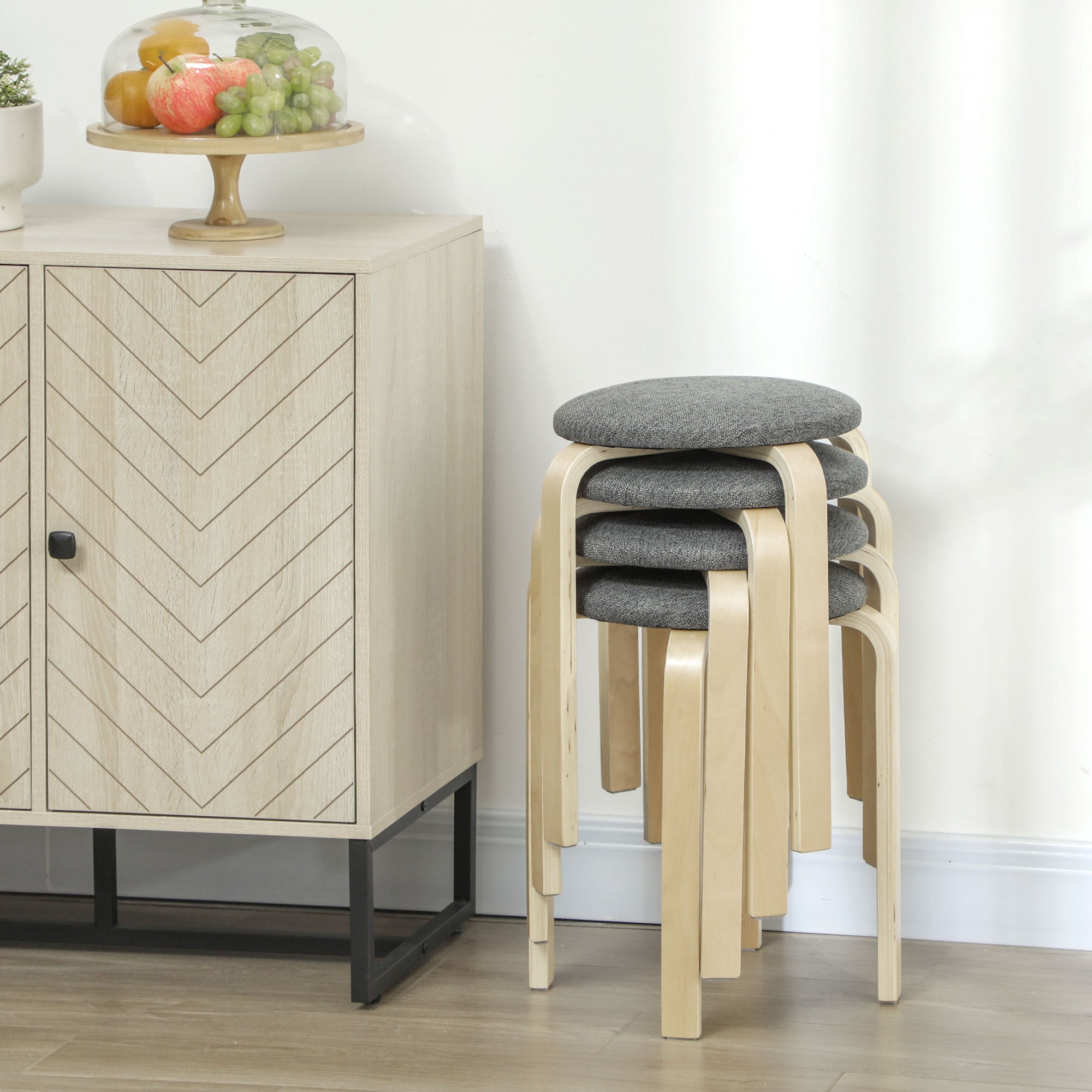 HOMCOM Polsterhocker im 4er-Set, stapelbar, lackierte Oberfläche, Holzbeine, Grau