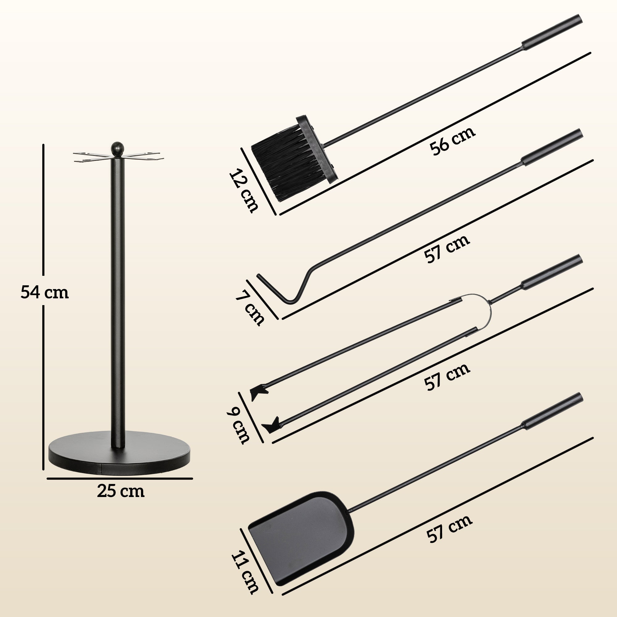 Outsunny Kaminbesteck, 5-teilig, Besen, Schaufel, Zange, Schürhaken und Ständer, feuerfestes Metall, Schwarz