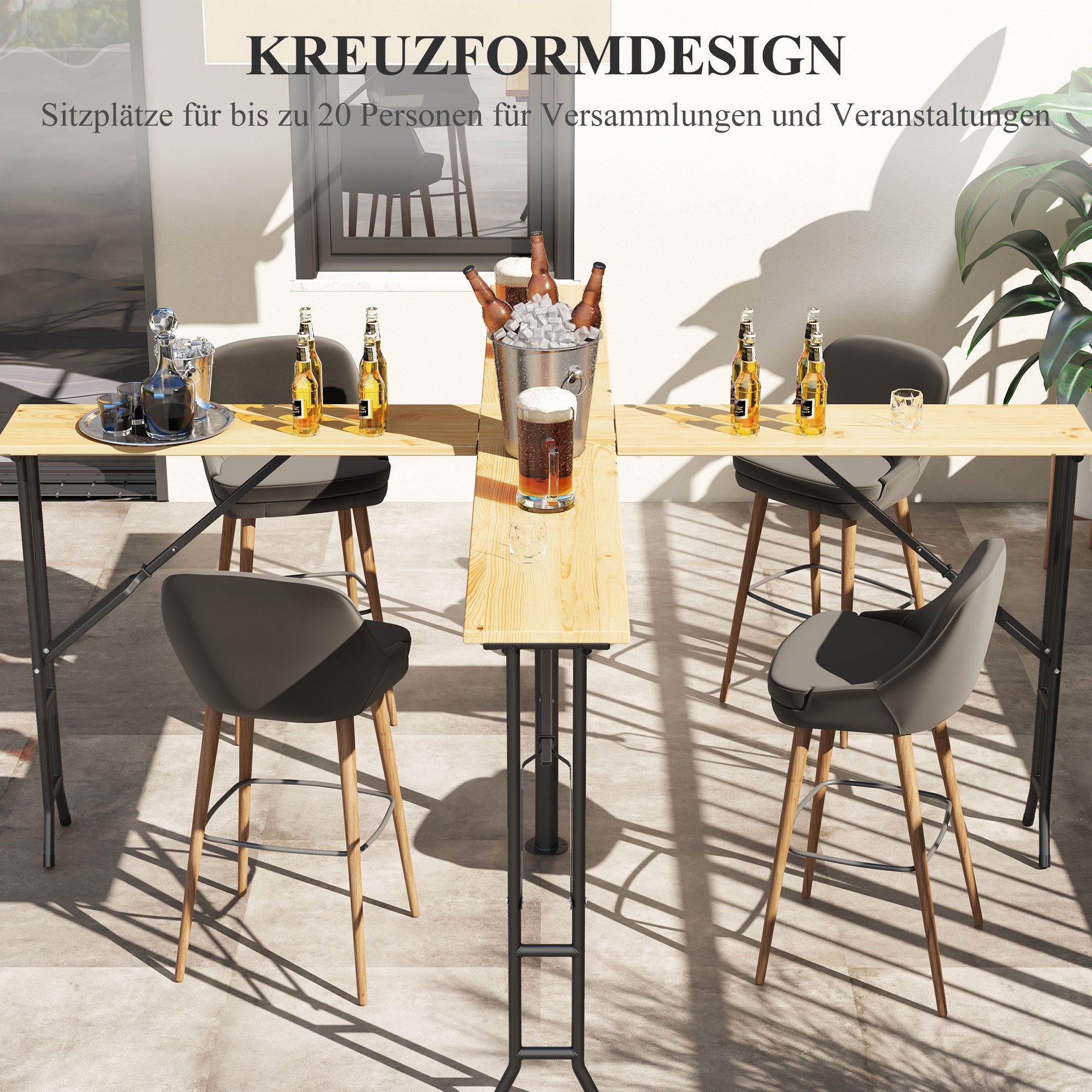 Outsunny Picknicktisch, Outdoor Klapptisch, bis 20 Personen, wetterfest, Metall, Tannenholz, 2,4x2,4x1m, Natur/Schwarz