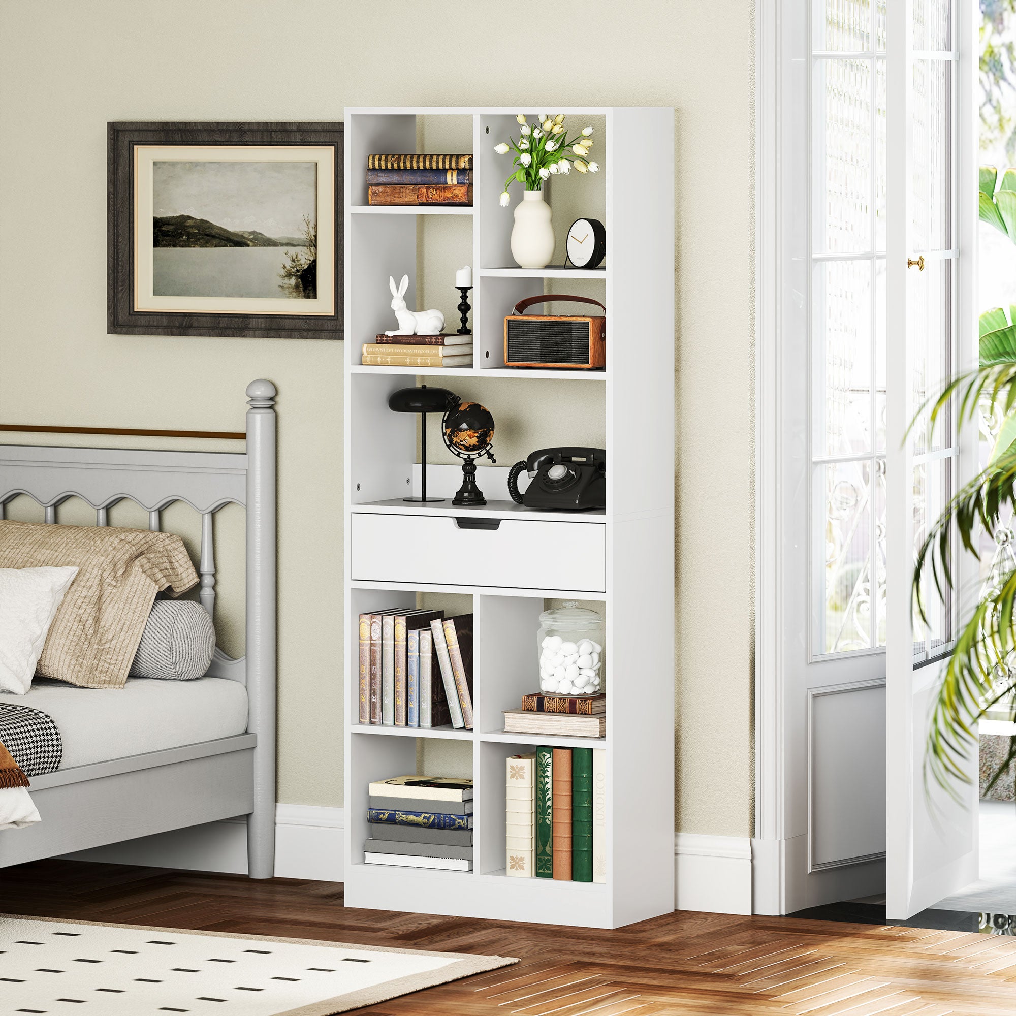 HOMCOM Bücherregal, Mehrzweckregal, 9 Fächer, Schublade, Kippschutz, 60 x 26 x 158 cm, Weiß