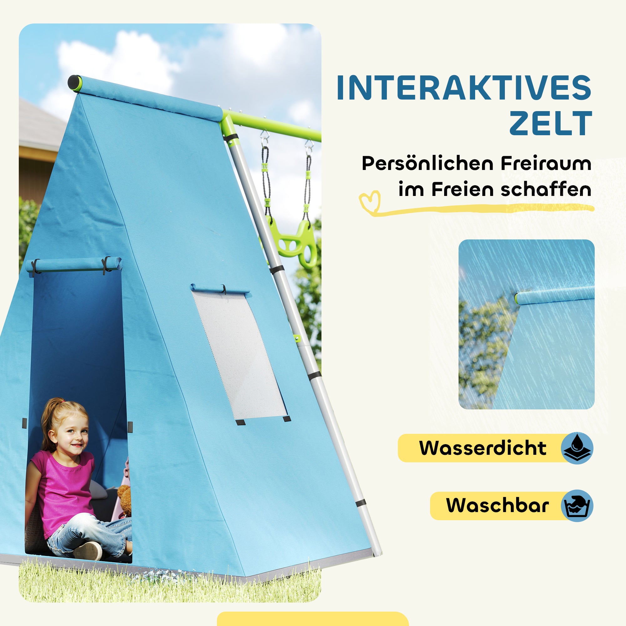 AIYAPLAY 3-in-1 Schaukelset, Spielzelt, Schaukel, Turnringe, Metall, Kunststoff, Grün